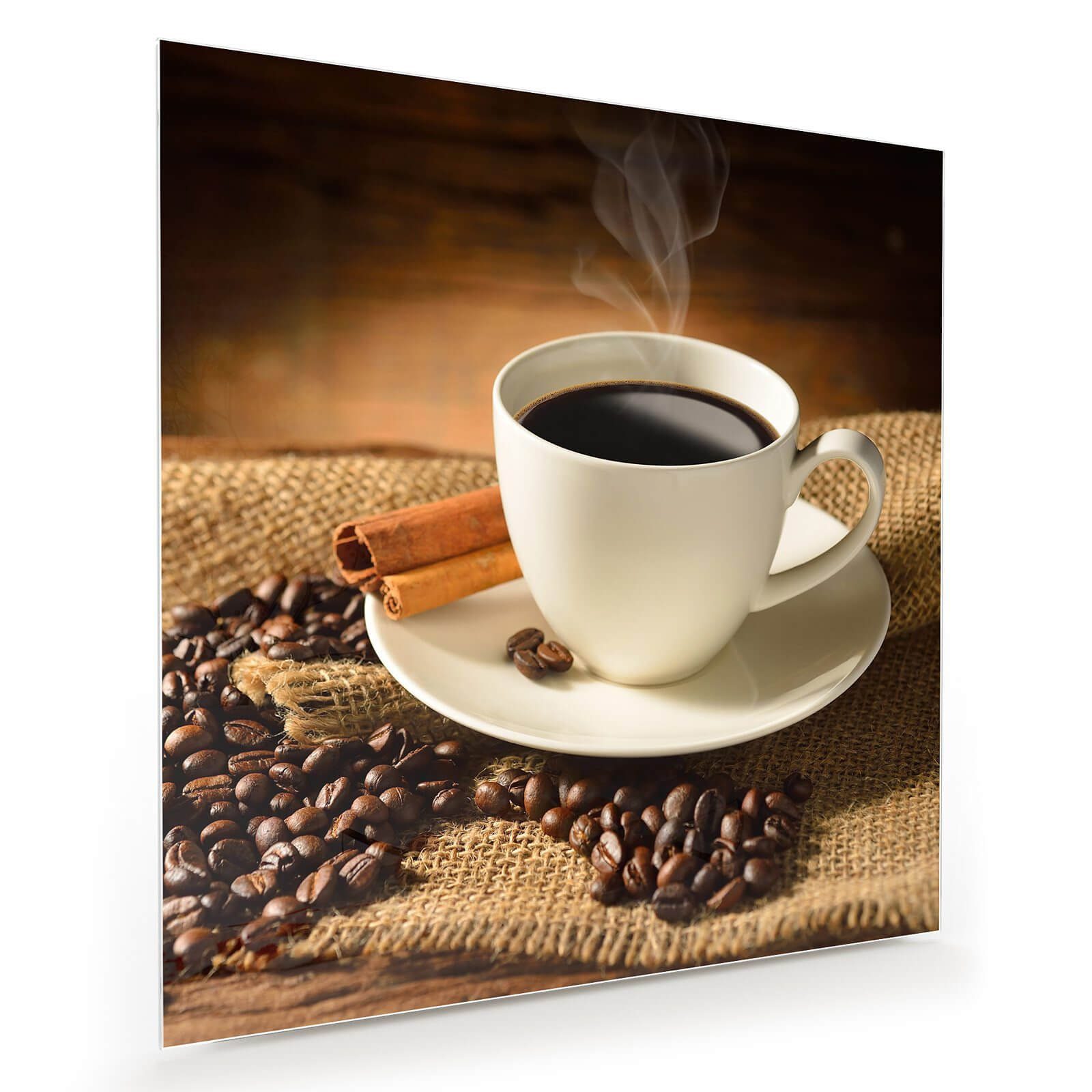 Glasbild Wandbild Quadratisch Kaffee und Zimtstangen mit Aufhängung