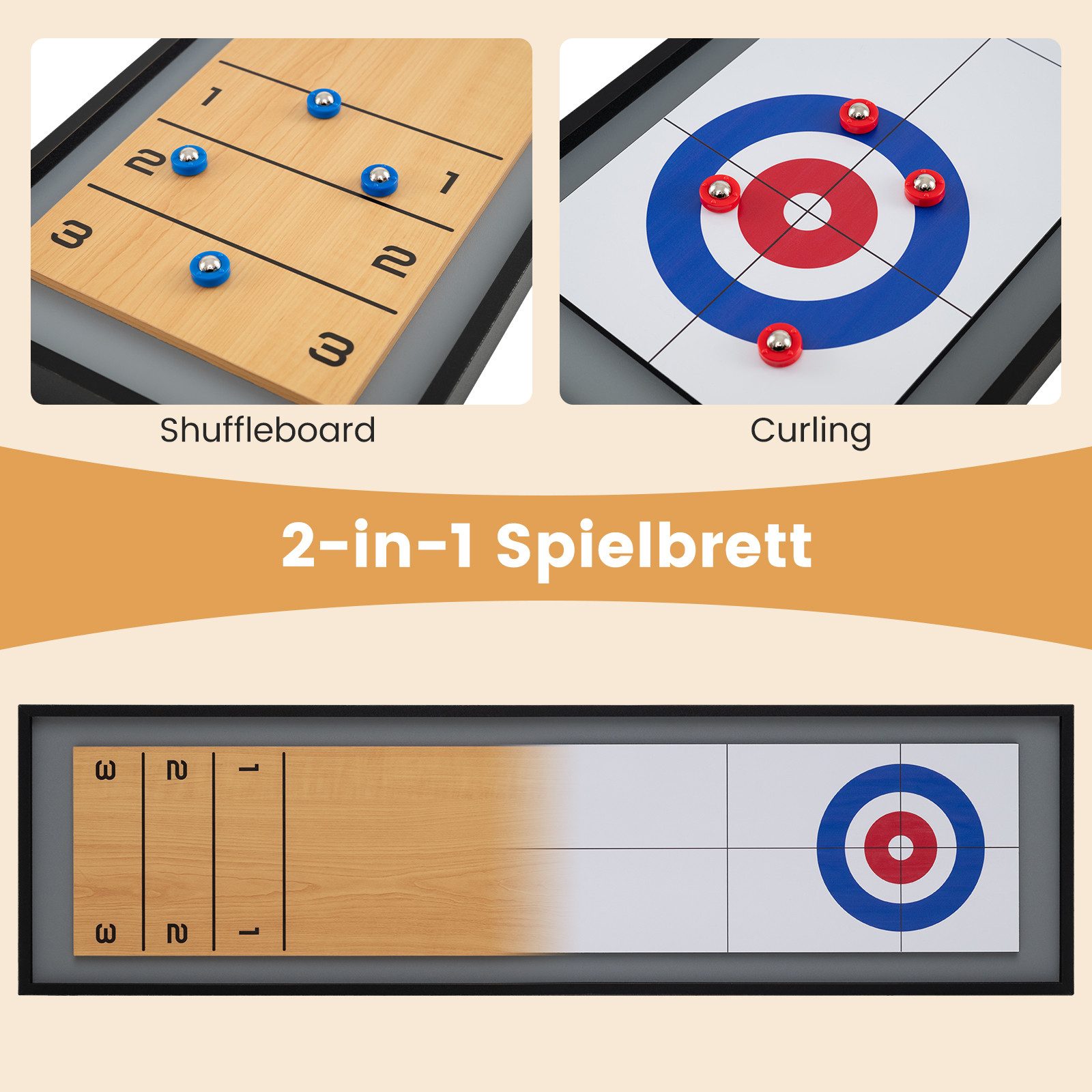 COSTWAY Spiel, 2-in-1 Brettspiel mit 8 Scheiben, Shuffleboard & Curling
