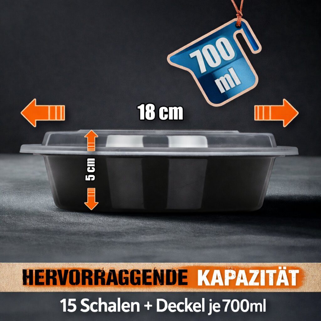 BigDean Mikrowellenteller Meal Prep Boxen 700 ml – 15 Stück Runde Schalen mit Deckel – BPA frei, (15 St), mikrowellengeeignet, spülmaschinengeeignet, gefriergeeignet