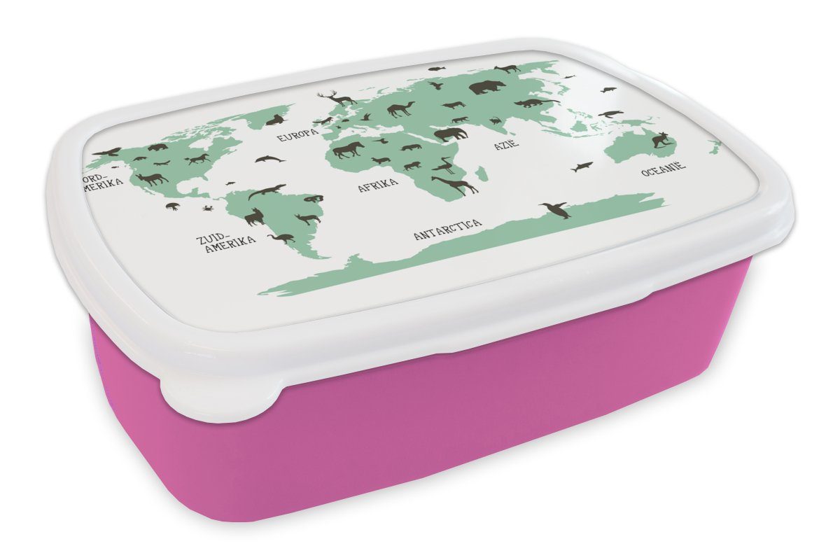 MuchoWow Lunchbox Weltkarte - Kinder - Tiere - Grün - Junge - Mädchen, Kunststoff, (2-tlg), Brotbox für Erwachsene, Brotdose Kinder, Snackbox, Mädchen, Kunststoff rosa
