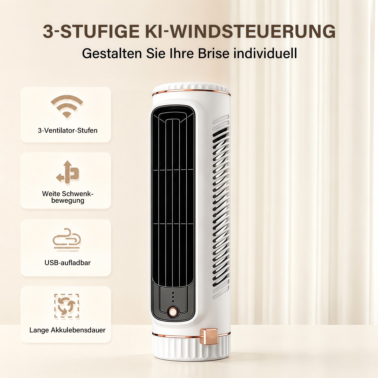 MOPUEA Turmventilator Tischventilator Turmventilator Naturwind 3 Stufen Kabellos Kompakt, 3 Stufen, Naturwind, Akku, USB-C, rutschfester Stand