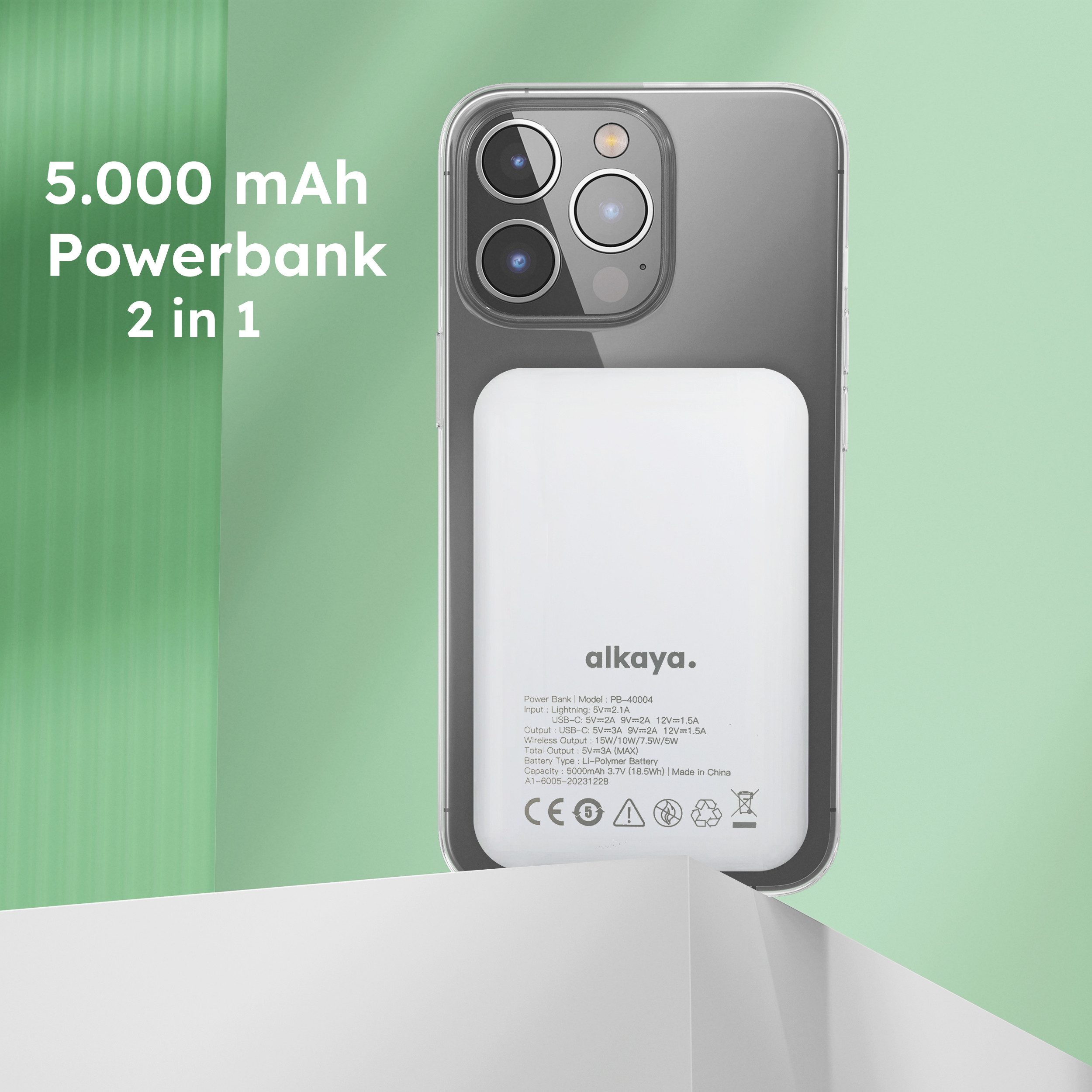 alkaya. Powerbank 5.000 mAh: Induktives Laden, Ports, kompatibel mit MagSafe Powerbank 5000 mAh, LED-Anzeige, Schnellladefunktion