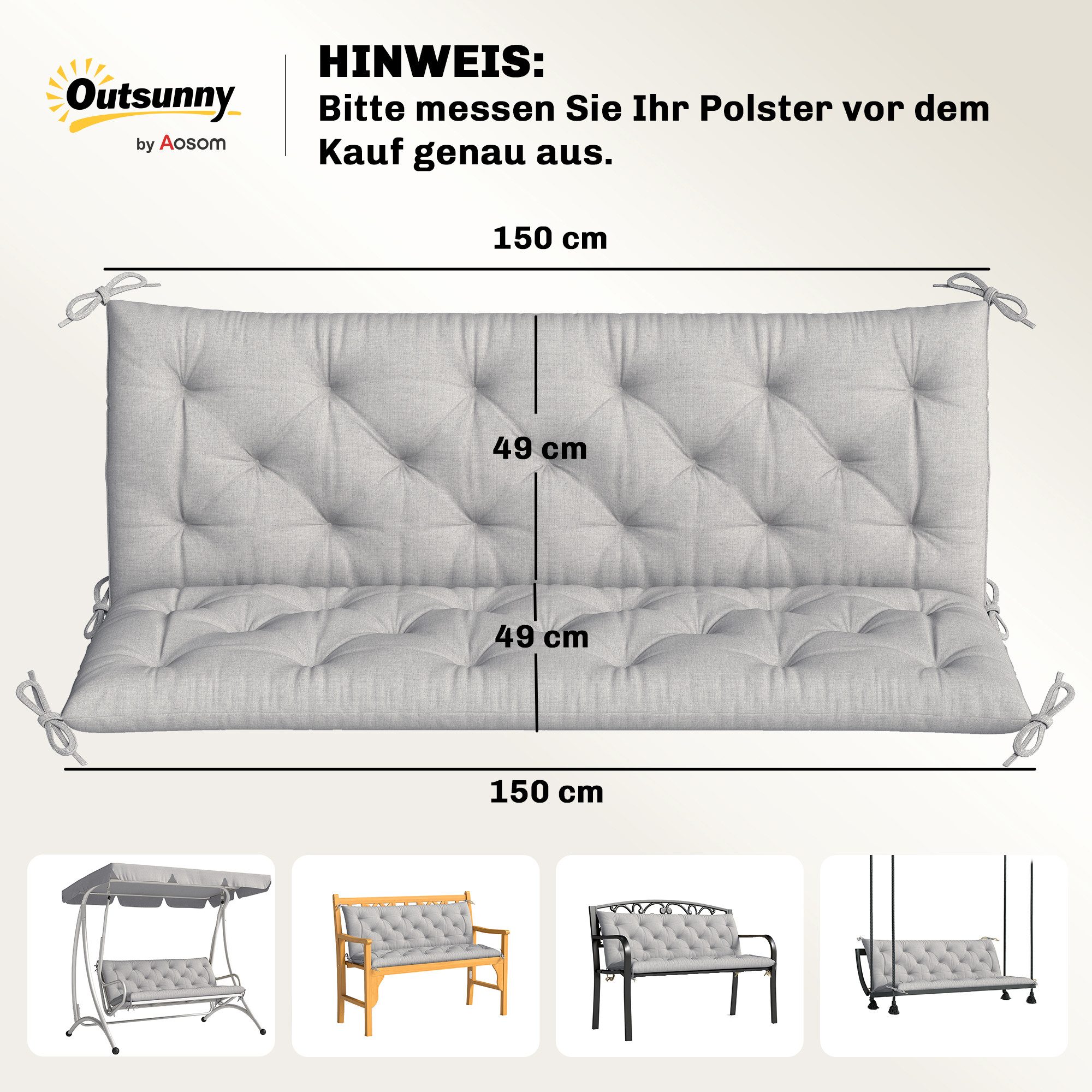 Outsunny Bankauflage 3 Sitzer, 150x98x8 cm, Bankkissen mit Bändern, Sitzkissen, (3 Sitzer Bankkissen, 1 St., Sitzkissen), für Gartenmöbel, Sitzbank Hollywoodsch – Bild 3 von 5