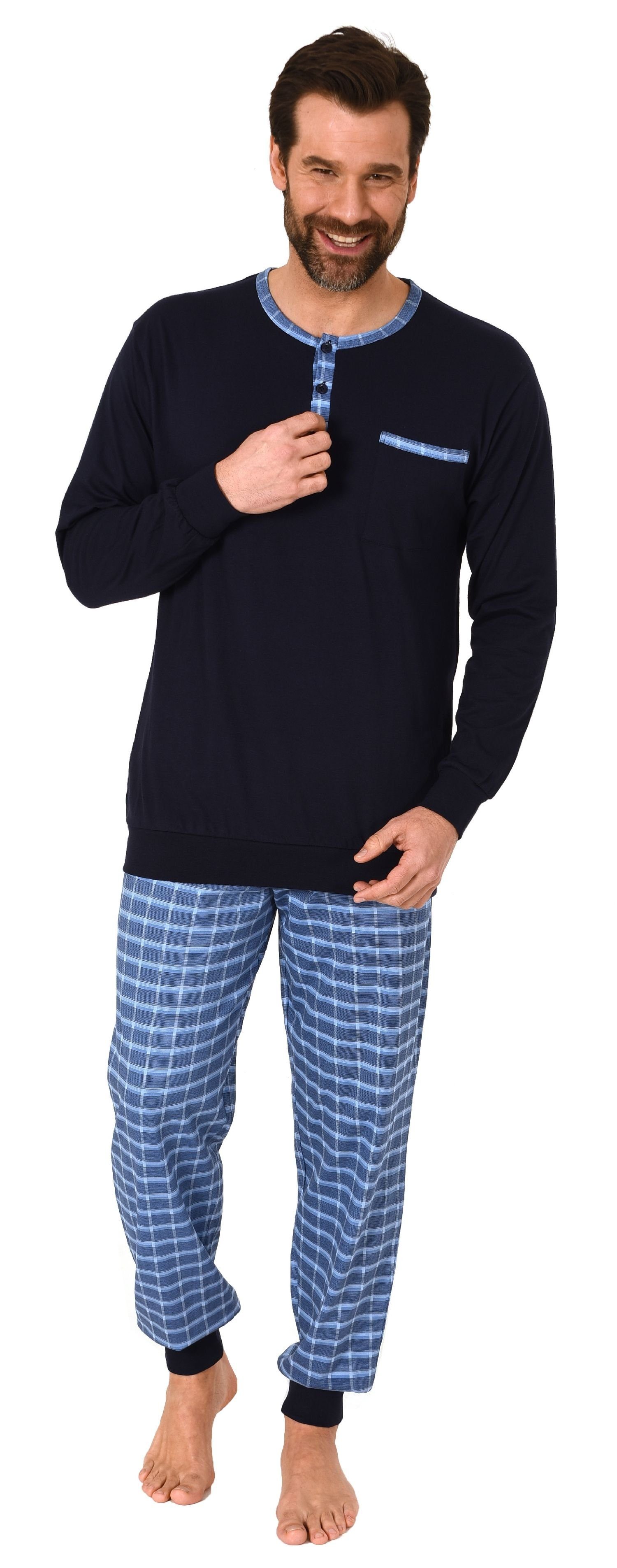 Normann Pyjama Herren Schlafanzug mit Bündchen und karierter Jersey Hose günstig online kaufen