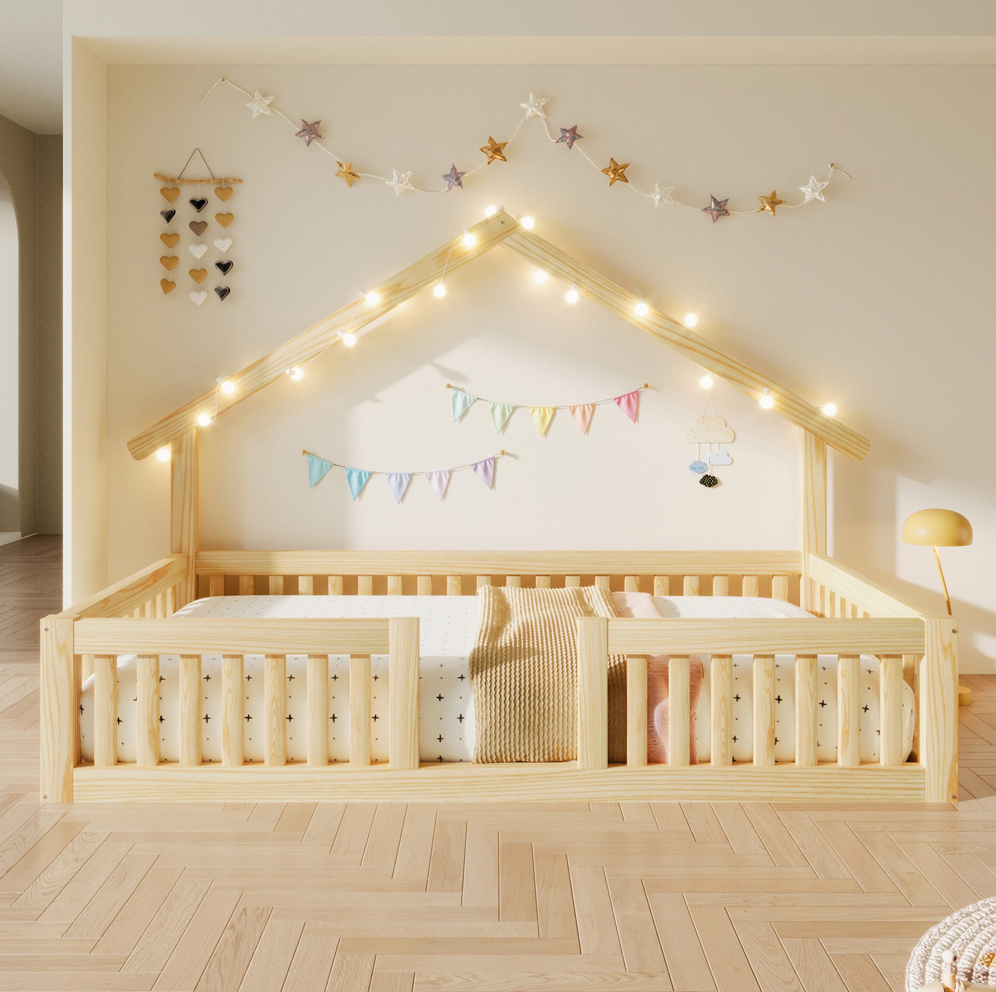 MODFU Kinderbett Bodenbett Holz mit LED Beleuchtung und Gitter 90×200 cm Natur (Packung, 1-tlg., Bettgestell aus Holz mit Lichterkette und offenem Aufbau ohne Matratze), Hausbett Design mit Rausfallschutz für moderne Kinderzimmer Räume