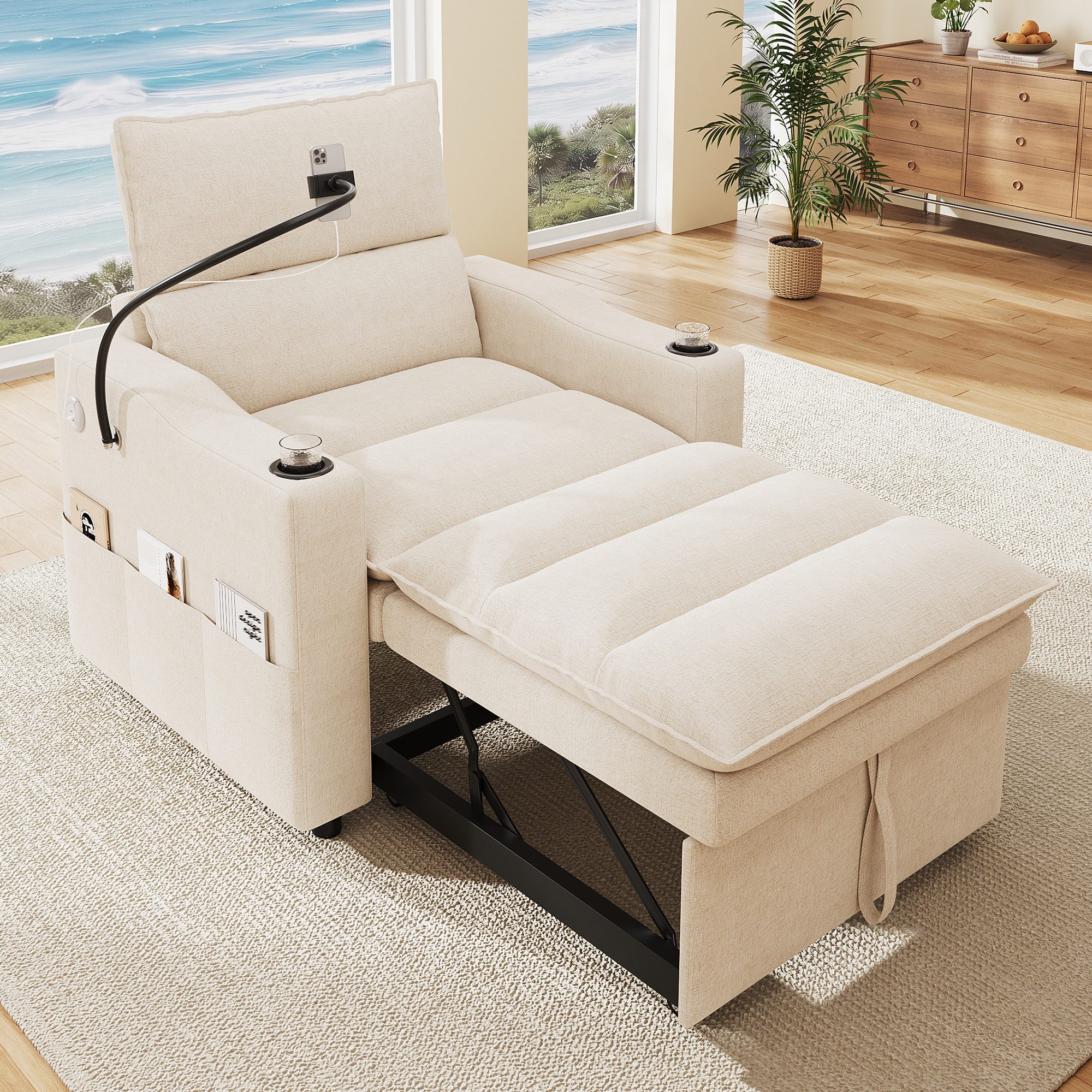 i@home Relaxsessel 3-in-1 Schlafsofa, Schlafsessel, doppellagiges Sitzpolster, Chenille, 1-Sitzer Sofa, Handyhalter, 3-fach verstellbare …