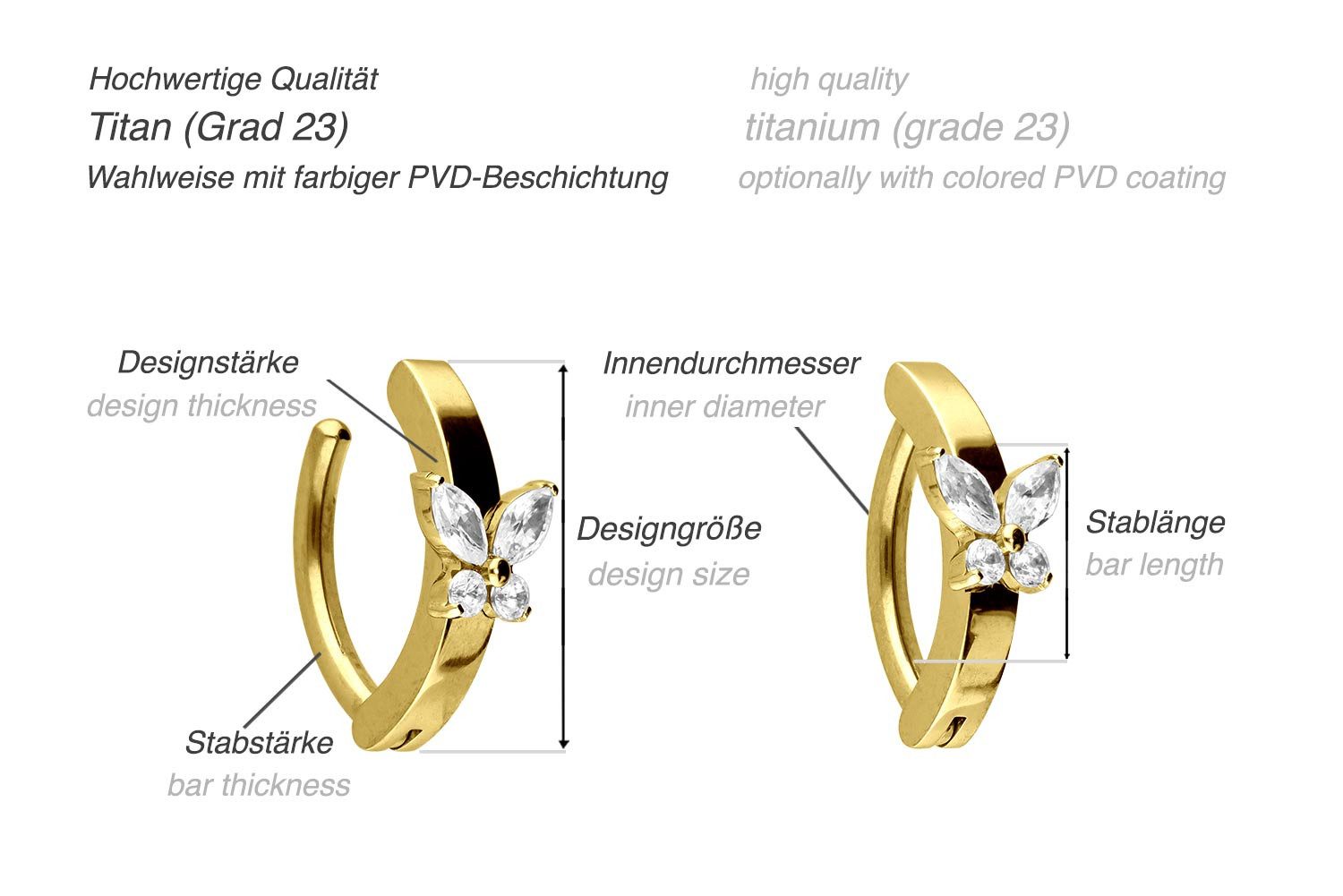 PIERCINGLINE Bauchnabelpiercing Titan Bauchnabelclicker BOGEN + KRISTALLSCHMETTERLING (Clicker, 1-tlg)