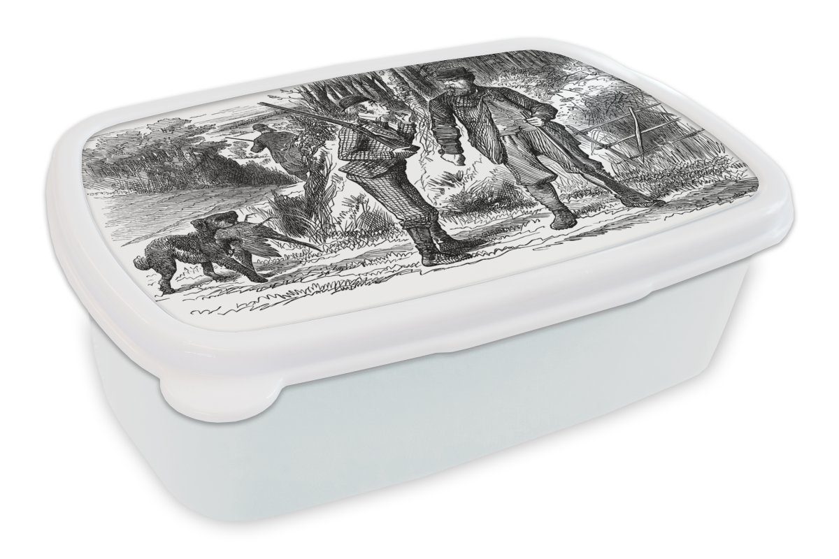 MuchoWow Lunchbox Eine Illustration von drei Jägern mit einem Jagdhund, Kunststoff, (2-tlg), Brotbox für Kinder und Erwachsene, Brotdose, für Jungs und Mädchen weiß