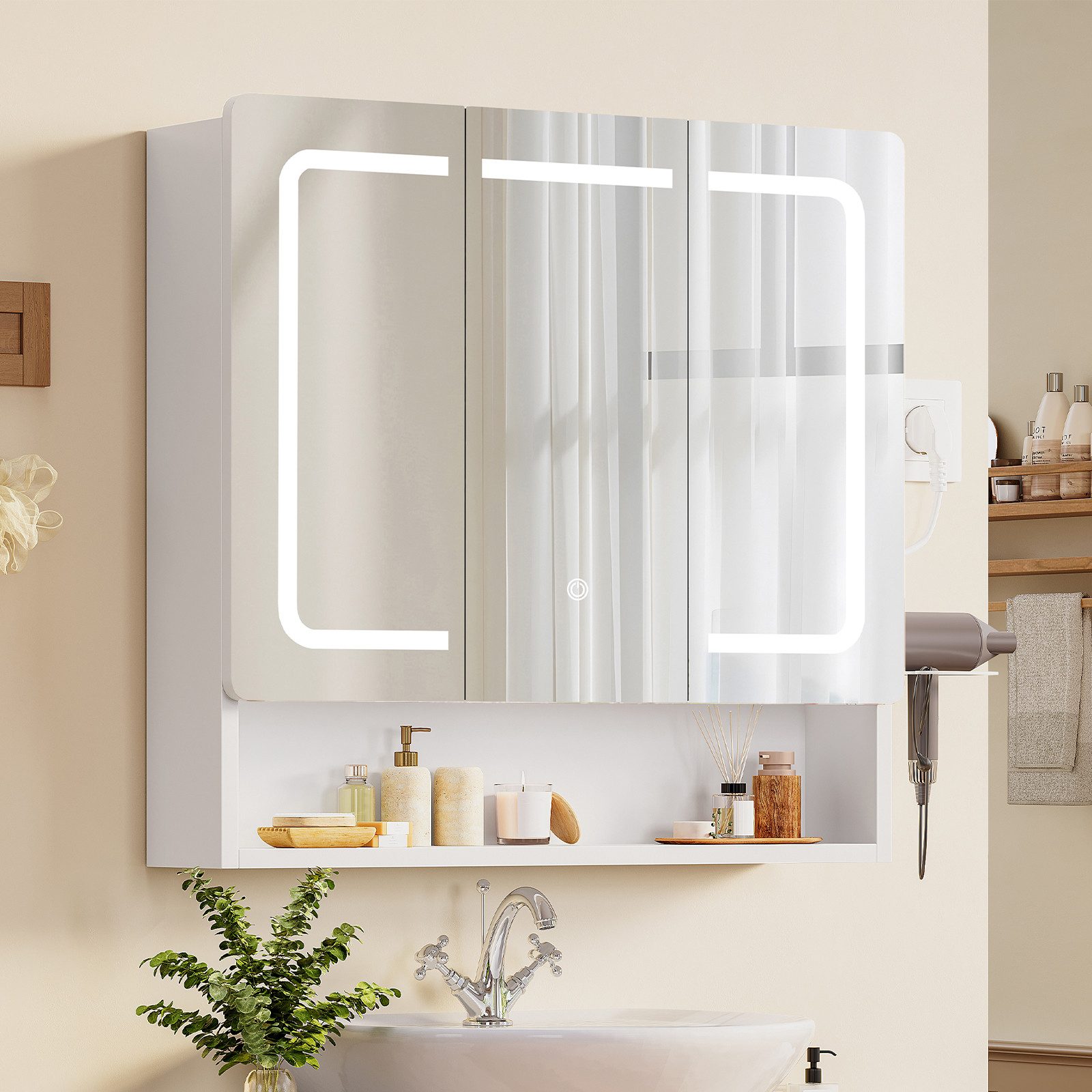 TEENFON Badezimmerspiegelschrank Weißer Badezimmerspiegelschrank mit LED-Beleuchtung (1-St) – Bild 4 von 5