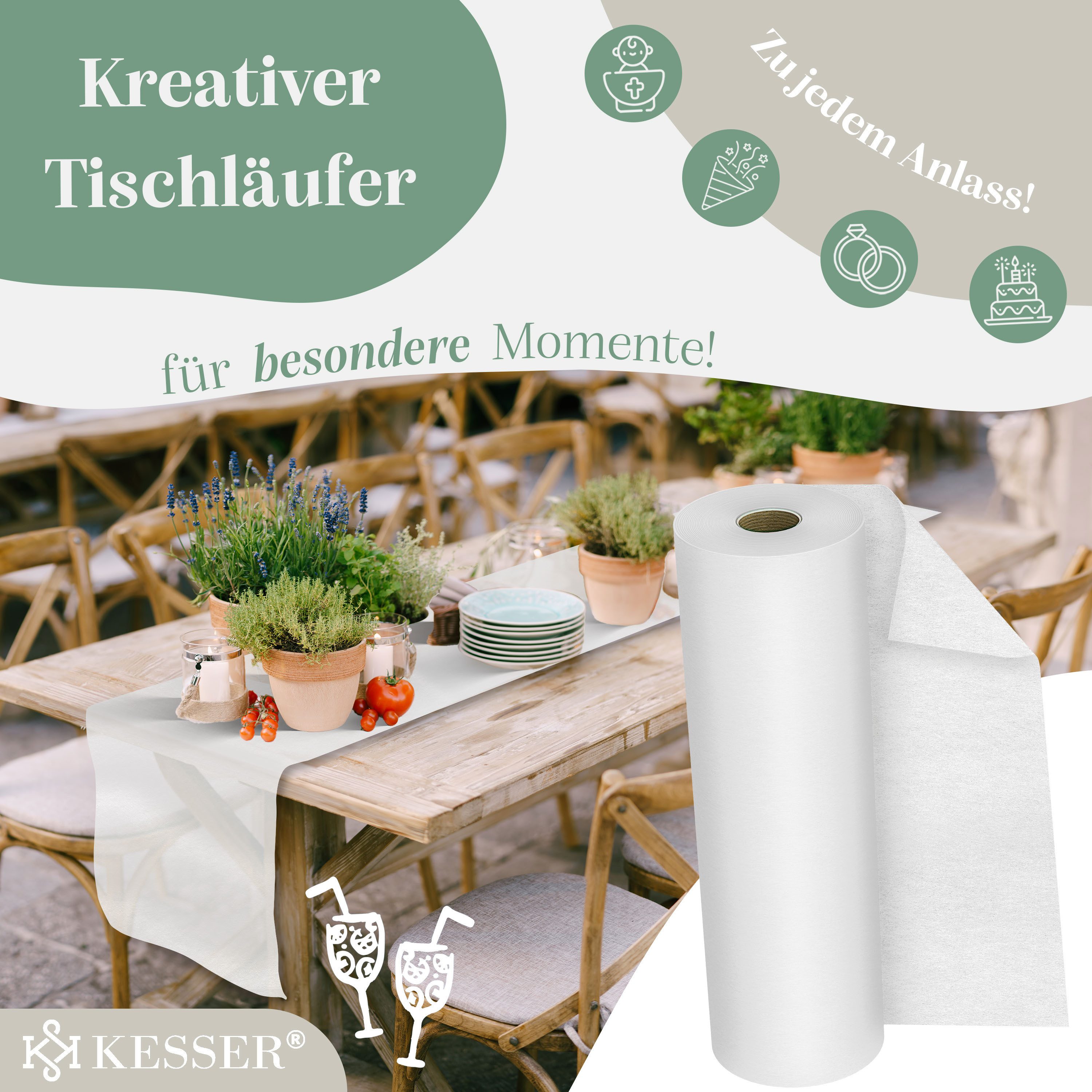 KESSER Tischläufer 25 m × 30 cm, wasserabweisend & abwaschbar, 30 g/m², anpassbare Vlies-Tischdekoration – für Feste aller Art geeignet