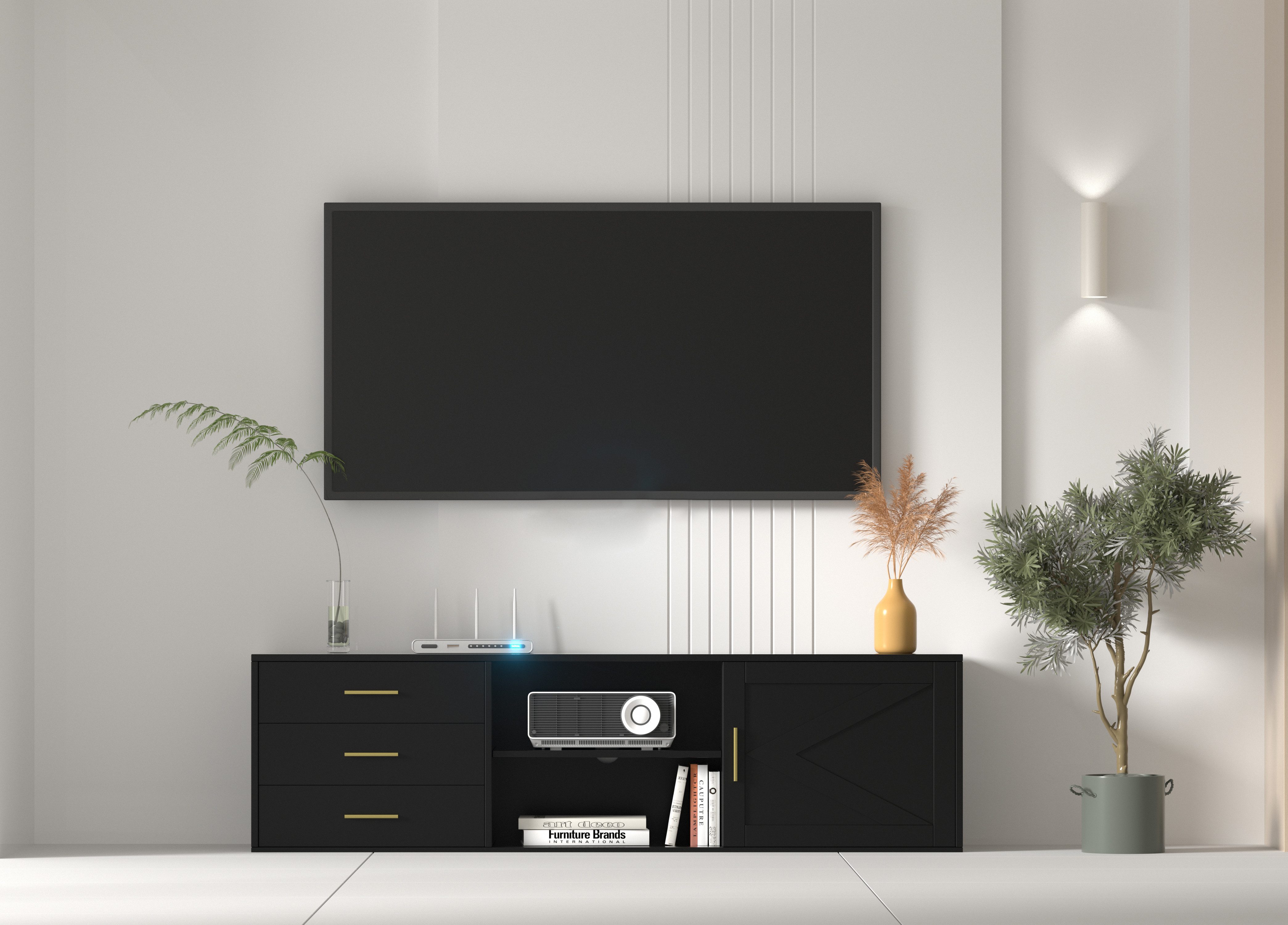 HOMAVO Lowboard TVG1-S mit 3 Выдвижные ящики & Schiebetür, 160 cm, FSC® zertifiziert, ohne Füße, Schiebetür mit Dekorleiste
