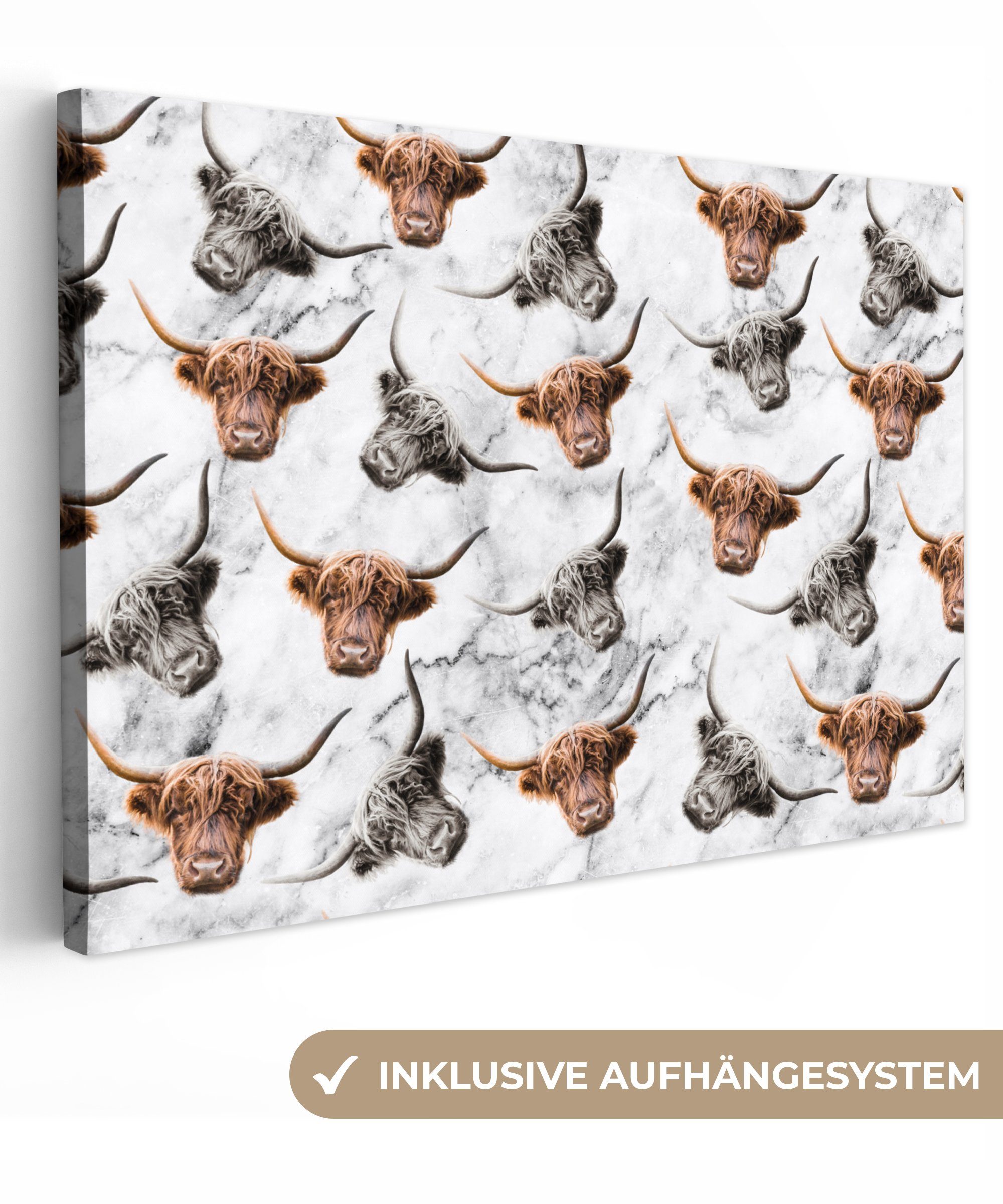 OneMillionCanvasses® Leinwandbild Schottischer Highlander - Marmor - Tiere, (1 St), Wandbild Leinwandbilder, Aufhängefertig, Wanddeko, 30x20 cm