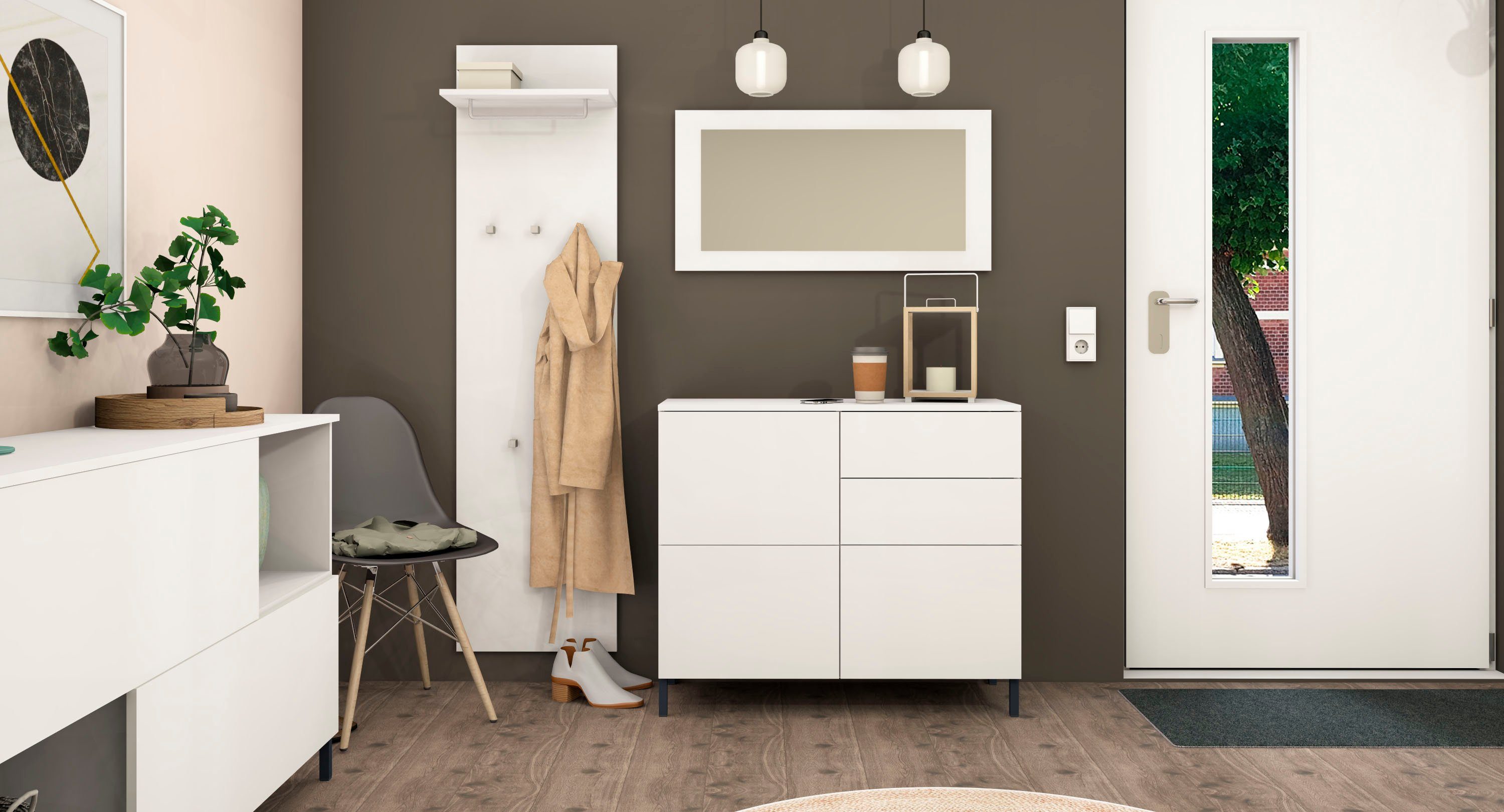 borchardt Möbel Garderoben-Set Haama 3-teilig mit Kommode, Wandpaneel und Spiegel, (3-St), Push-to-open-Technik, Metallfüße, platzsparend