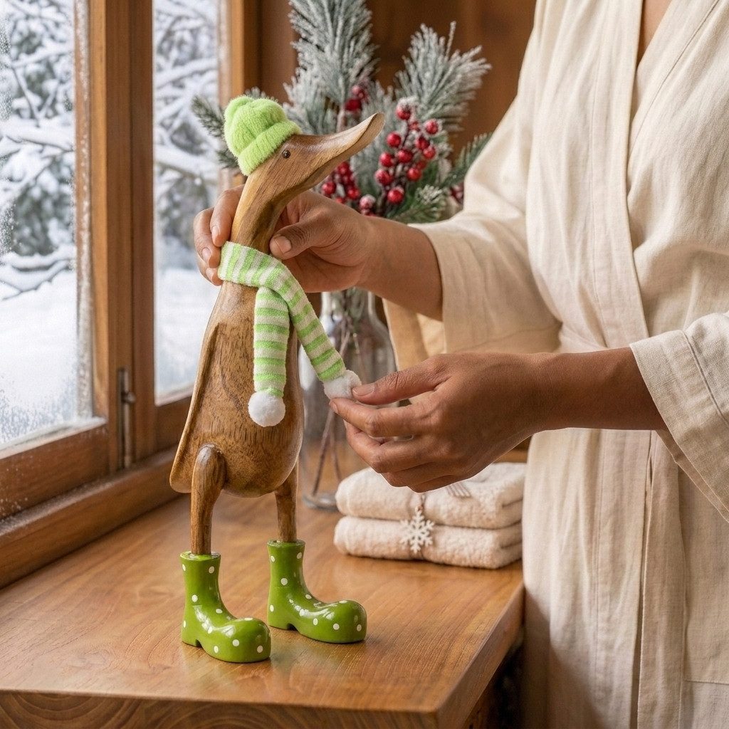 Kinaree Dekofigur Deko Ente Holz mit Schal in verschiedenen Farben Indonesien Holzente, Naturprodukt, Handgefertigt, Unikate, Geschenkideen, Individuell