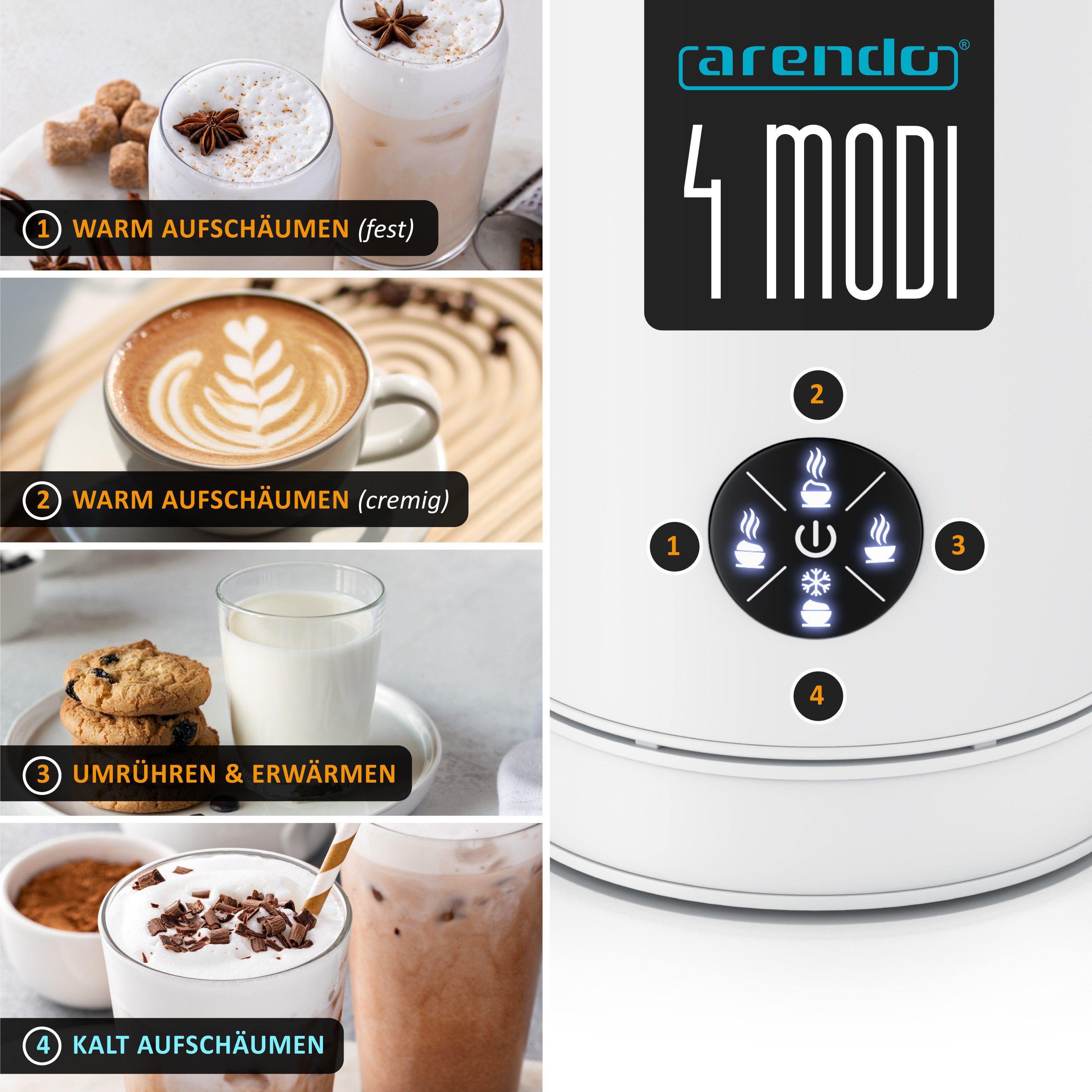Arendo Milchaufschäumer elektrisch, Doppelwandgehäuse, 4 Programme, Antihaftbeschichtung, 500 W, Heiß & Kaltaufschäumen (150 & 300 ml), für Cappucino / Latte Macciato