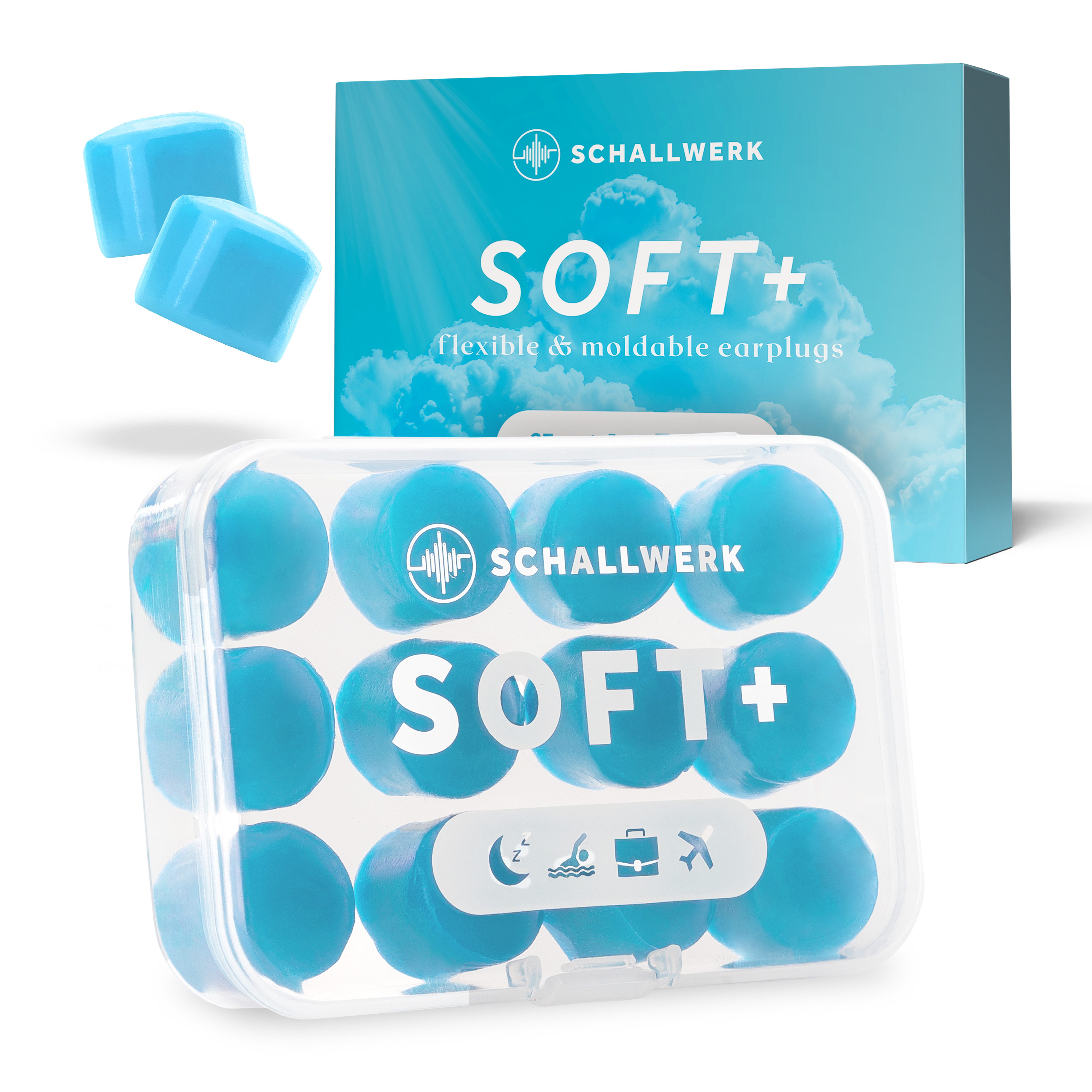 Schallwerk Gehörschutzstöpsel Soft+ formbare Vor-Ohr-Stöpsel aus Silikon zum Schlafen, 6 Paar, SNR 27 dB nach EN 352-2, wiederverwendbar, teilbar, mit Transportdose von Schallwerk