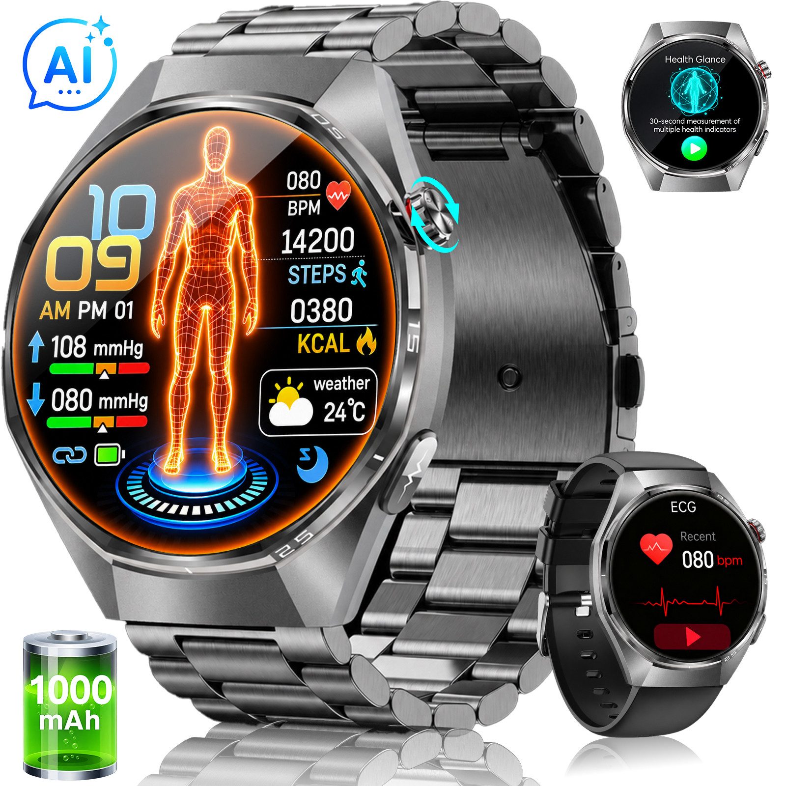 SWGOTA Smartwatch Herren Damen mit AI-Gesundheitsanalyse/EKG+PPG/HRV/BMI/SpO₂ Smartwatch 1,43"AMOLED Fitness Tracker mit 1000mAh,MET-Messung,Pulsuhr,Βlutdruck, 24 Std. Schlafüberwachung,Körpertemperatur,100+Sportmodi Fitnessuhr