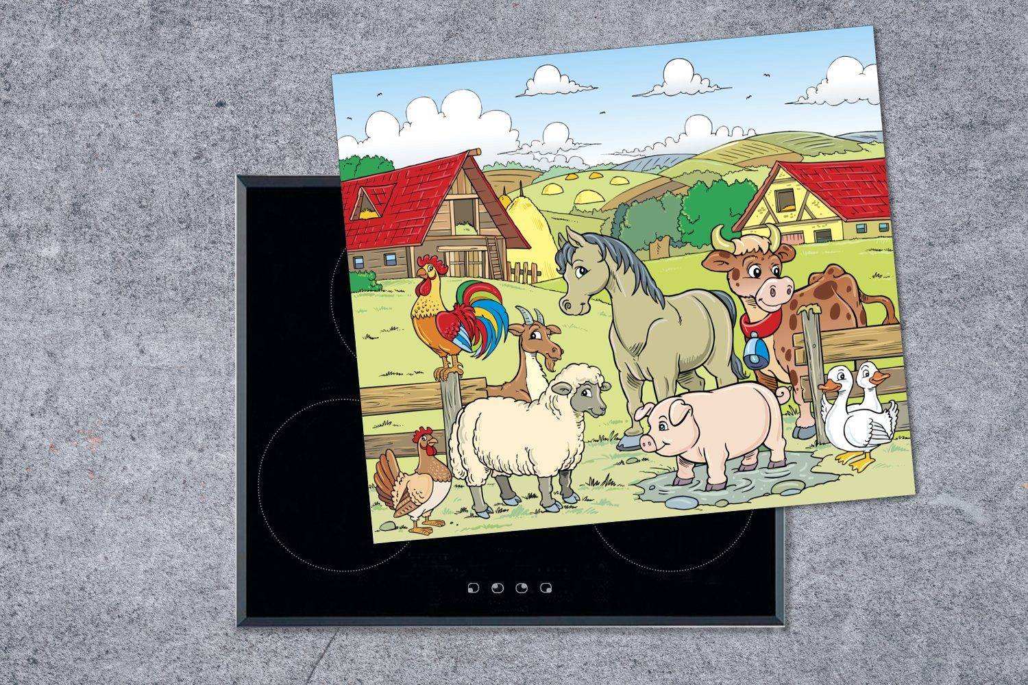 MuchoWow Herdblende-/Abdeckplatte Illustration von cm, Mobile nutzbar, Vinyl, für Arbeitsfläche 60x52 Ceranfeldabdeckung tlg), Bauernhoftieren (1 Kinder