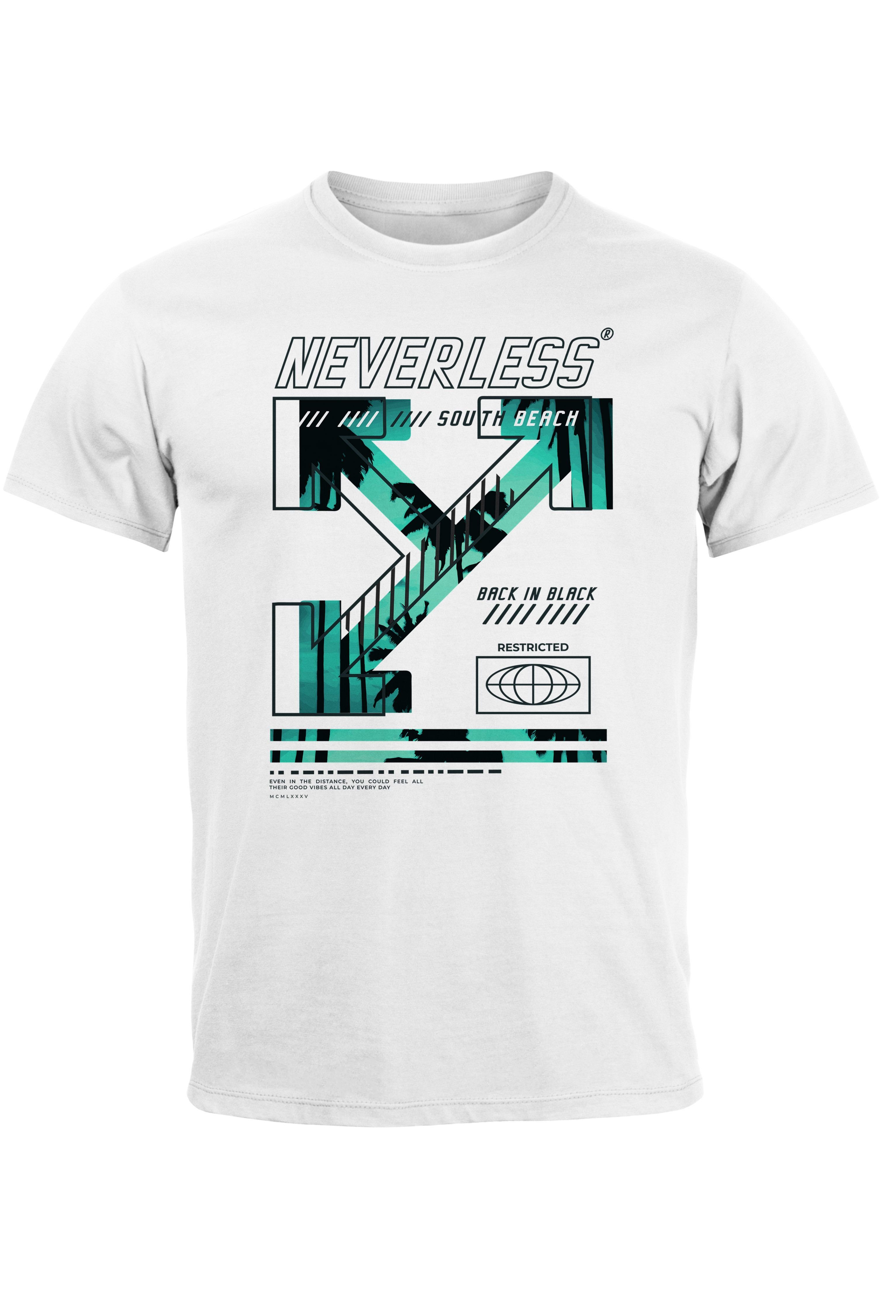 Neverless Print-Shirt Herren T-Shirt Text Print Aufdruck South Beach Techwear Fashion Street mit Print weiß