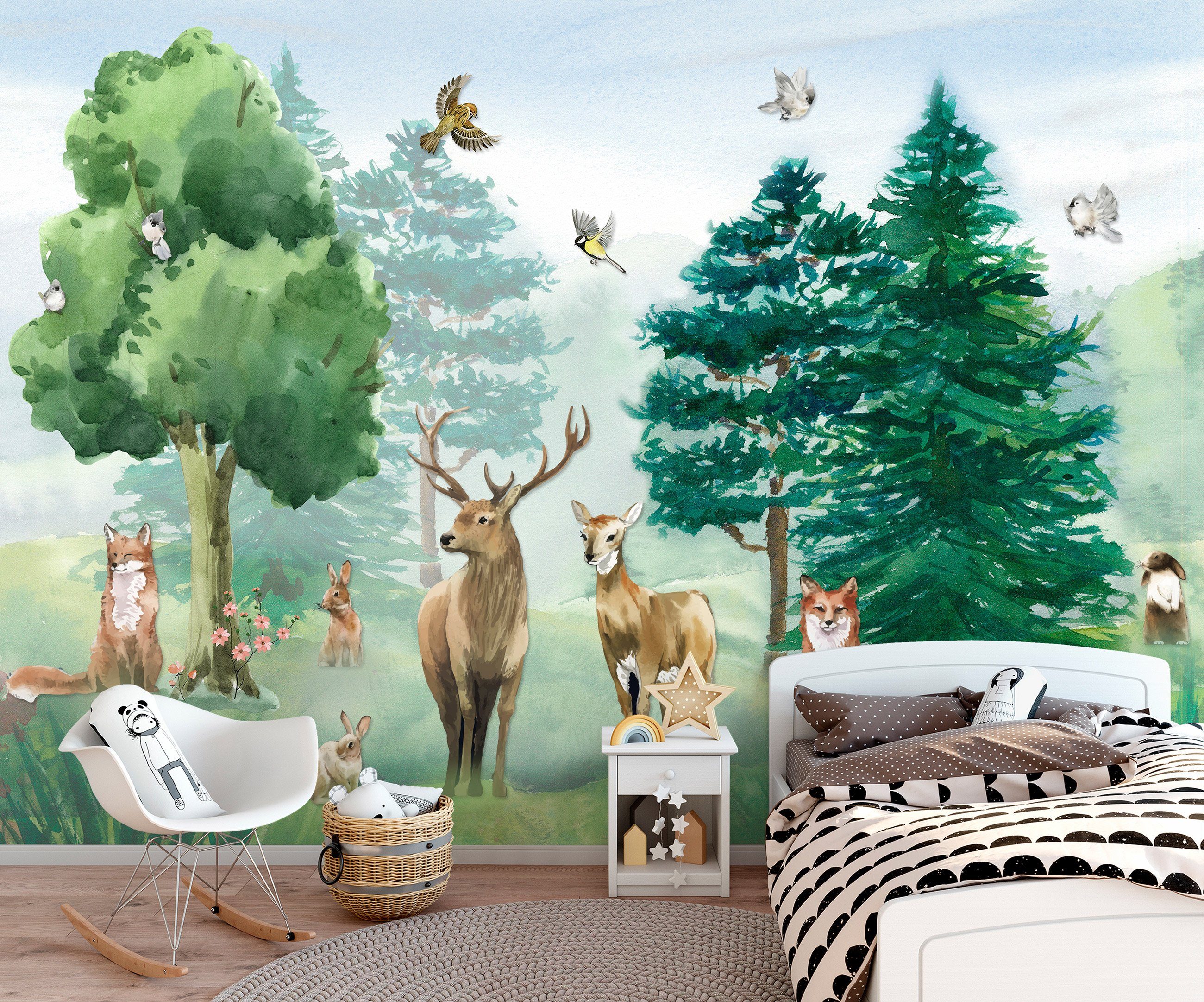 Wallarena Fototapete Kinderzimmer Jungen Mädchen Wald Tiere Baum Hirsche Mä günstig online kaufen