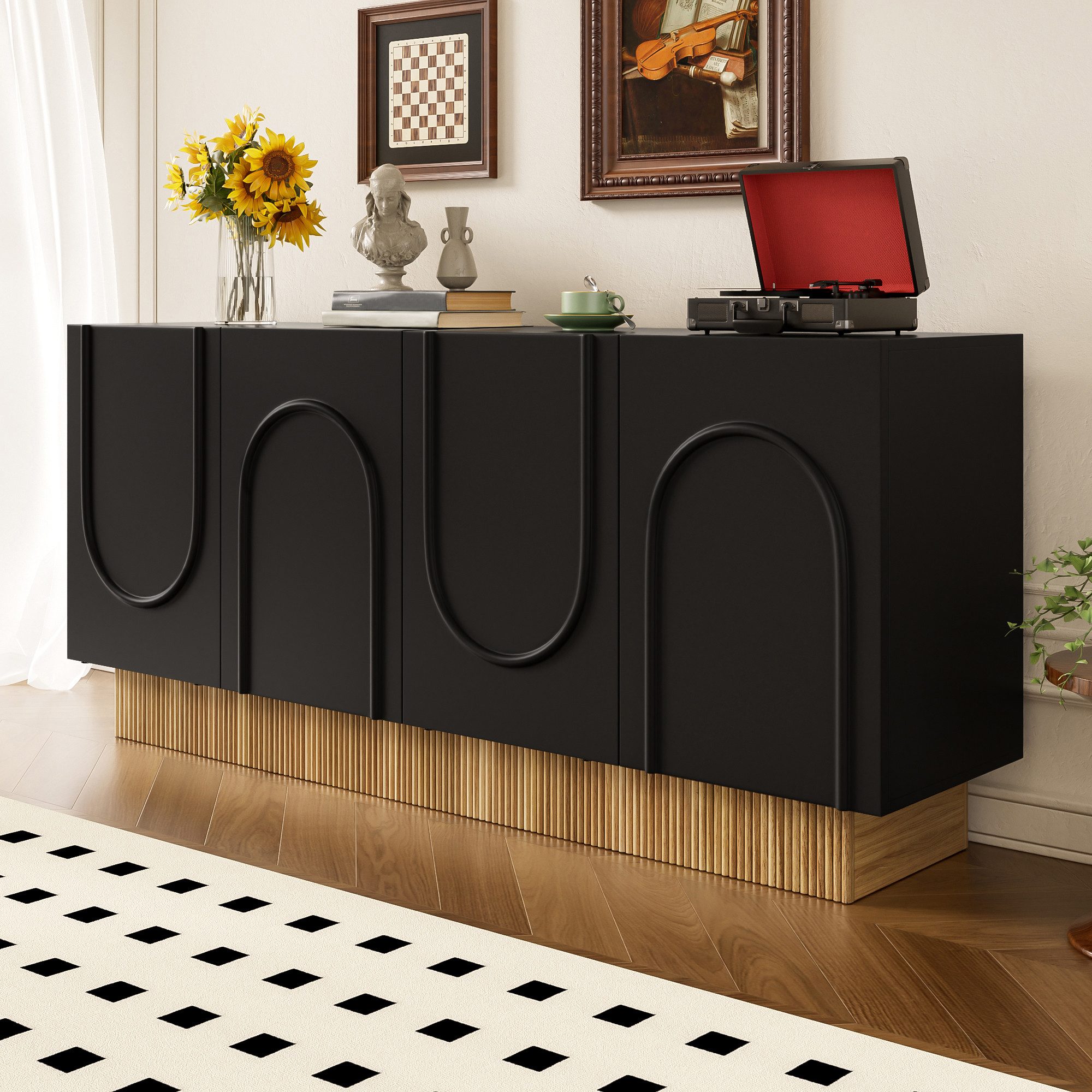 Merax Sideboard mit U-Relief-Design & dekorativer Holzstruktur (1 St., 160×75×38 cm), Kommode mit 4 Türen und großen Innenfächern, Anrichte, Buffetschrank
