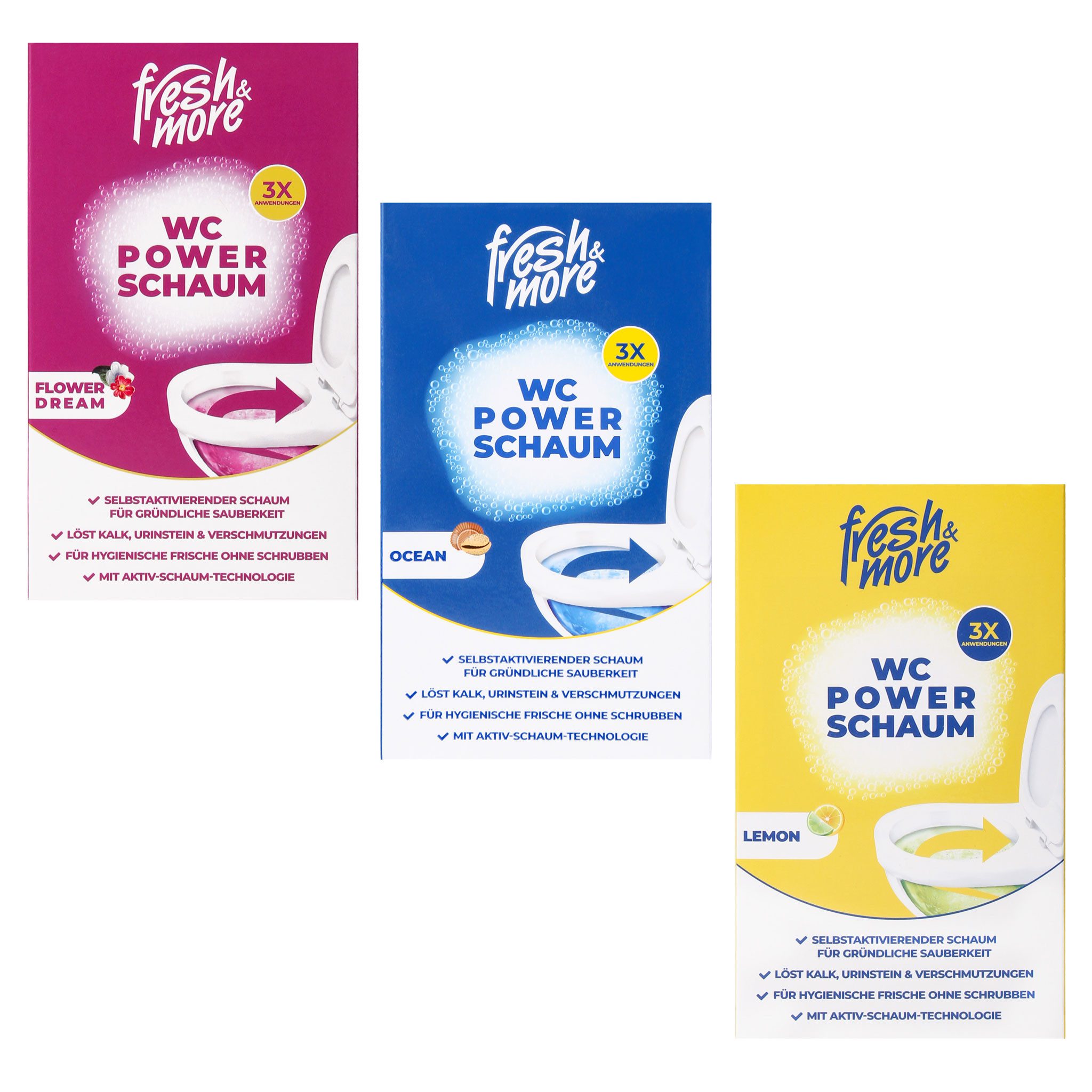 fresh & more Power-Schaum WC-Reiniger (3-St. 9 Beutel à 100 g = 3-teiliges Duft Set selbstschäumend, ohne Bürsten)