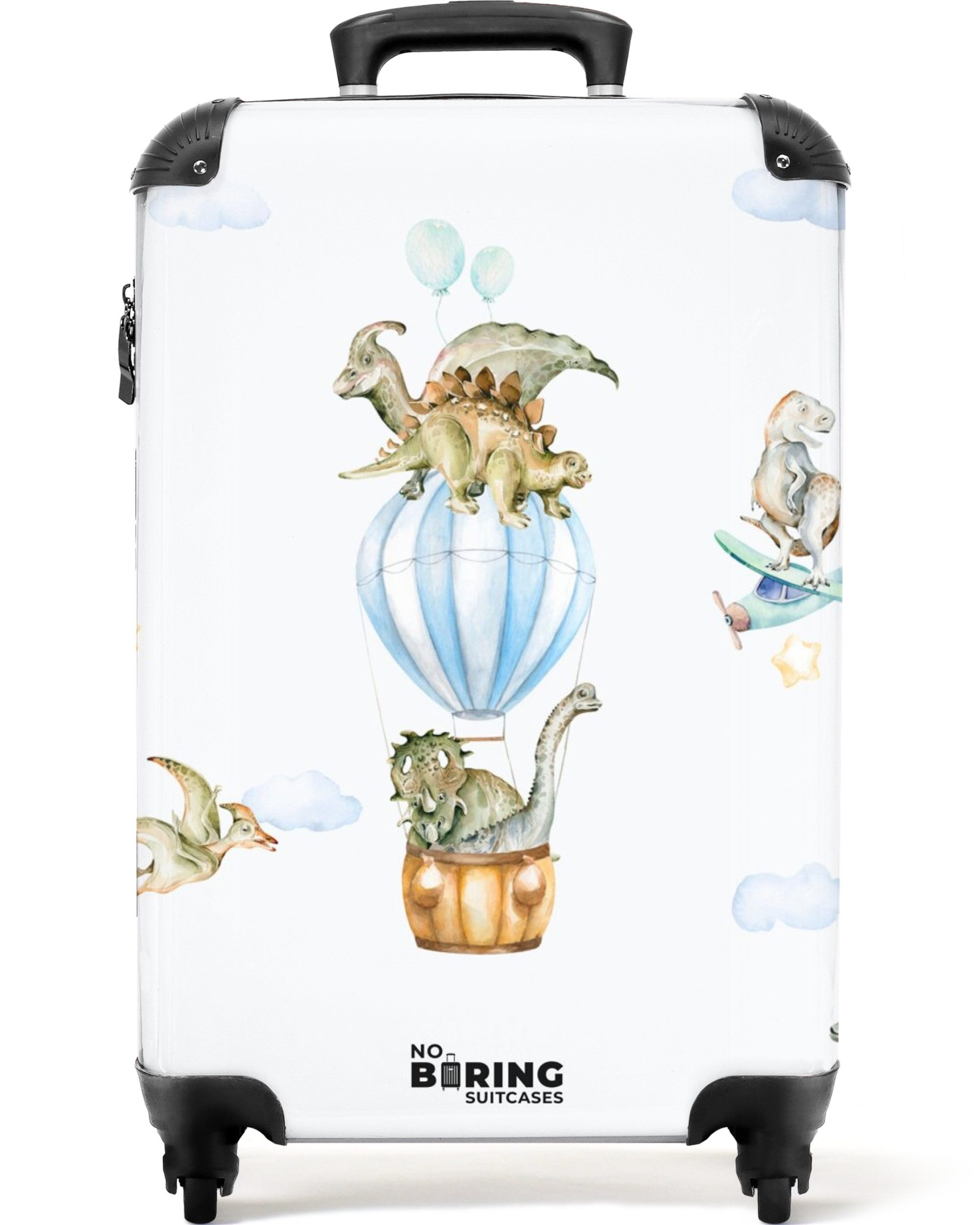 NoBoringSuitcases.com© Kinderkoffer Dinosaurier - Heißluftballon - Junge - Flugzeug - Sterne 55x35x20cm, 4 Rollen, Kinder Koffer Klein, Trolley Handgepäck, Reisekoffer