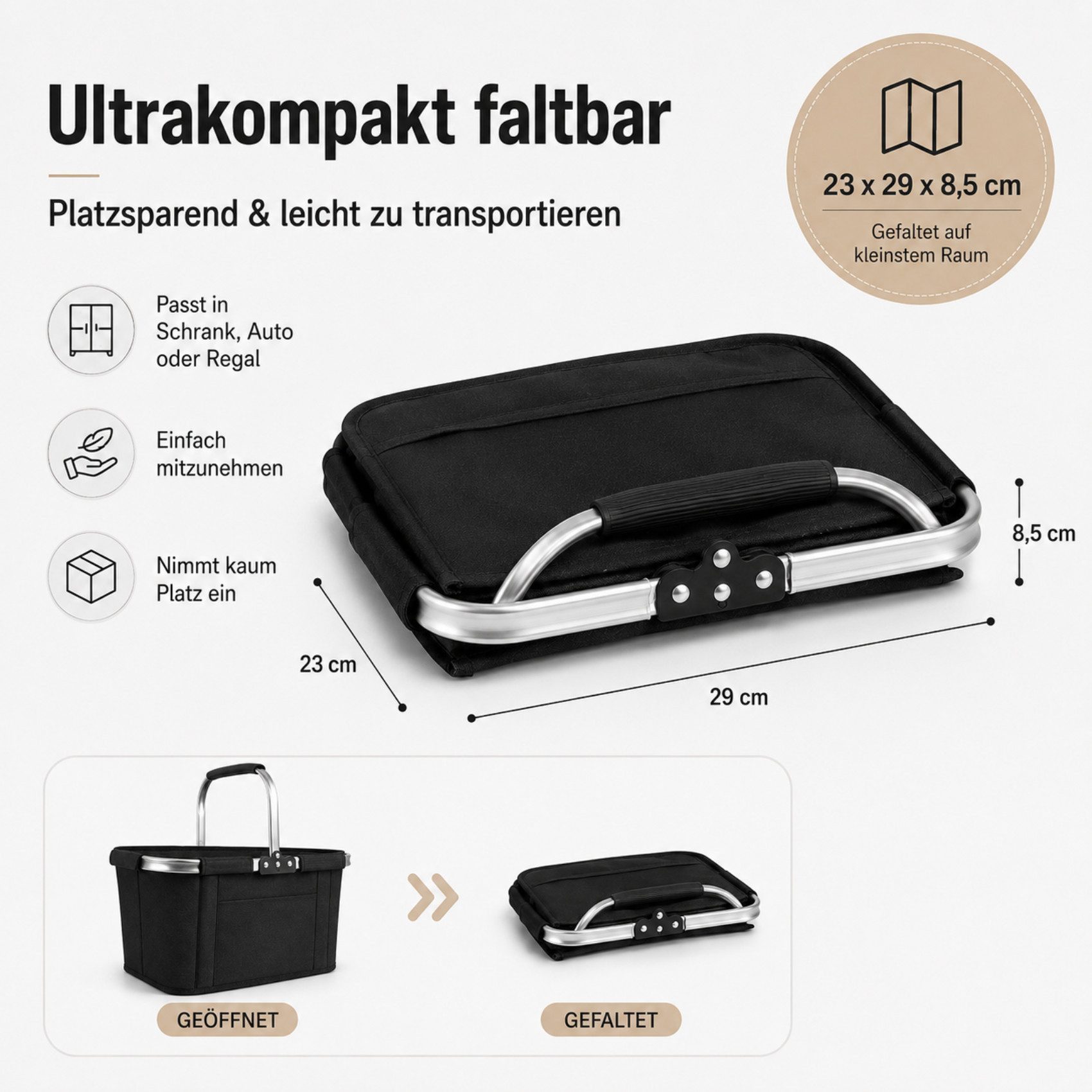 lindahandel Einkaufskorb Klappbarer Einkaufskorb 30L – 600D Oxford, weicher Griff, 30 l, Leichter Faltkorb mit weichem Griff–passt in jede Schublade & ins Auto