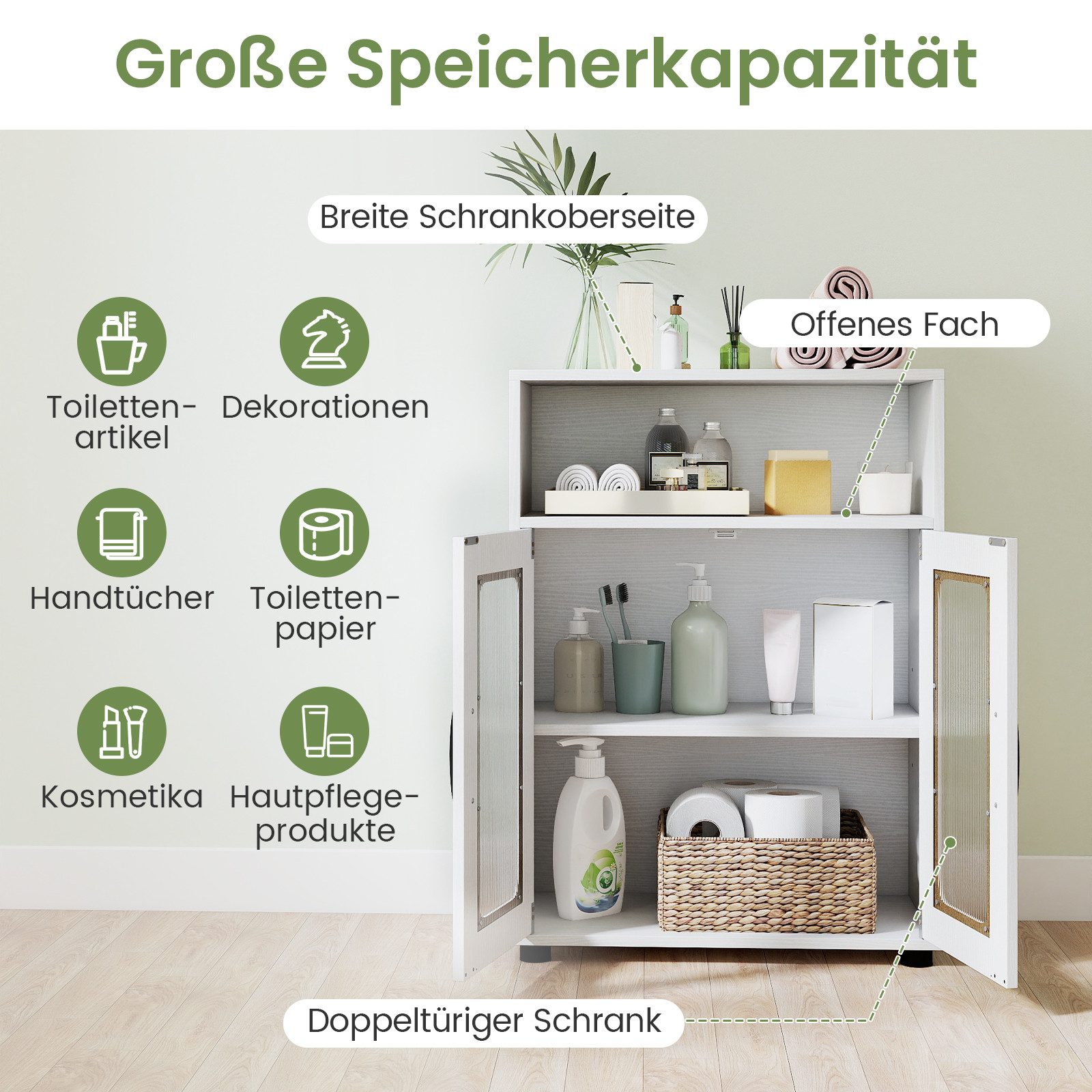 COSTWAY Badkommode, Badezimmerschrank mit Stauraum, Sideboard 60x30x83cm