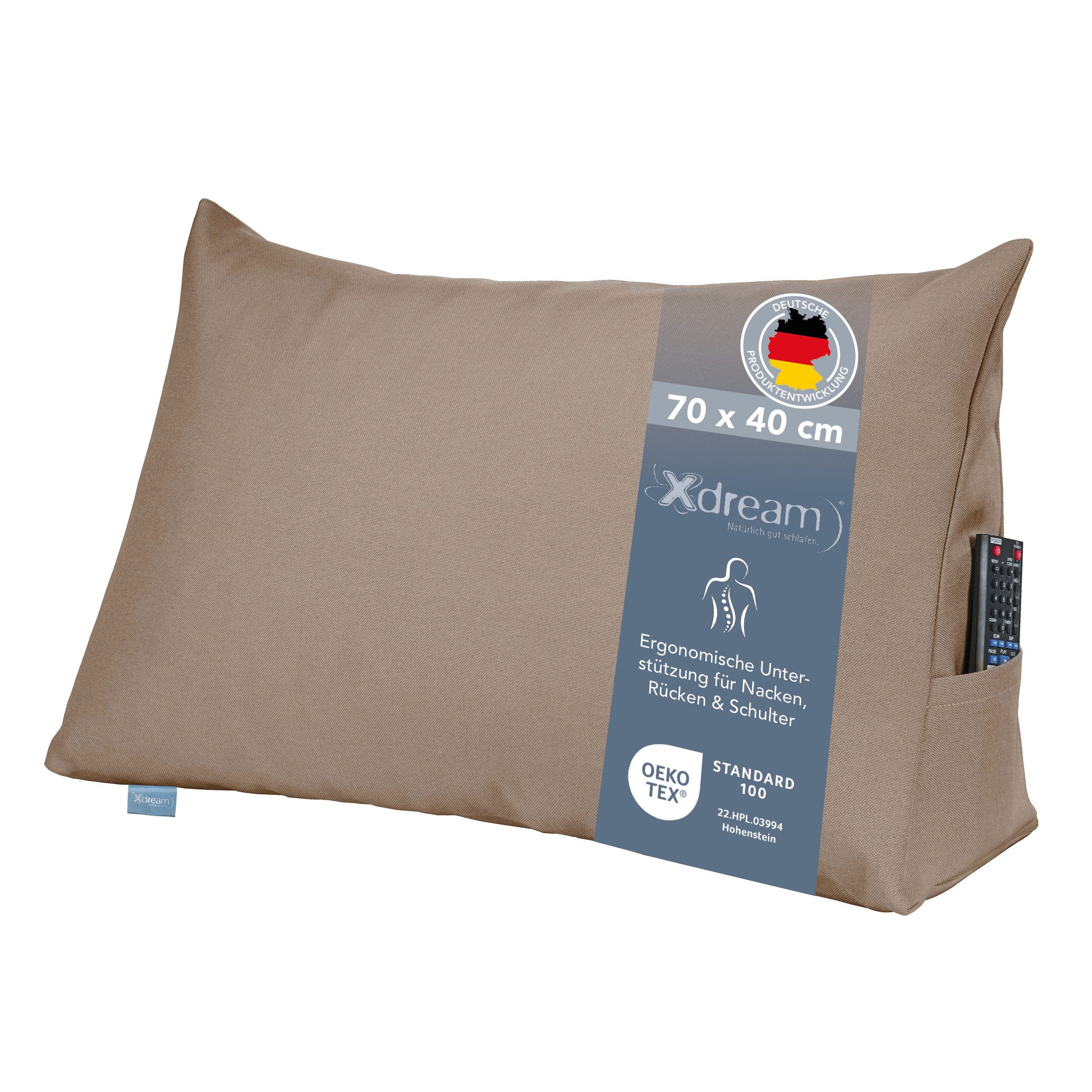 XDREAM Rückenkissen ergonomisches Keilkissen für Bett und Sofa, 1-tlg., als Kopfkissen oder Venenkissen verwendbar, mit praktischem Seitenfach