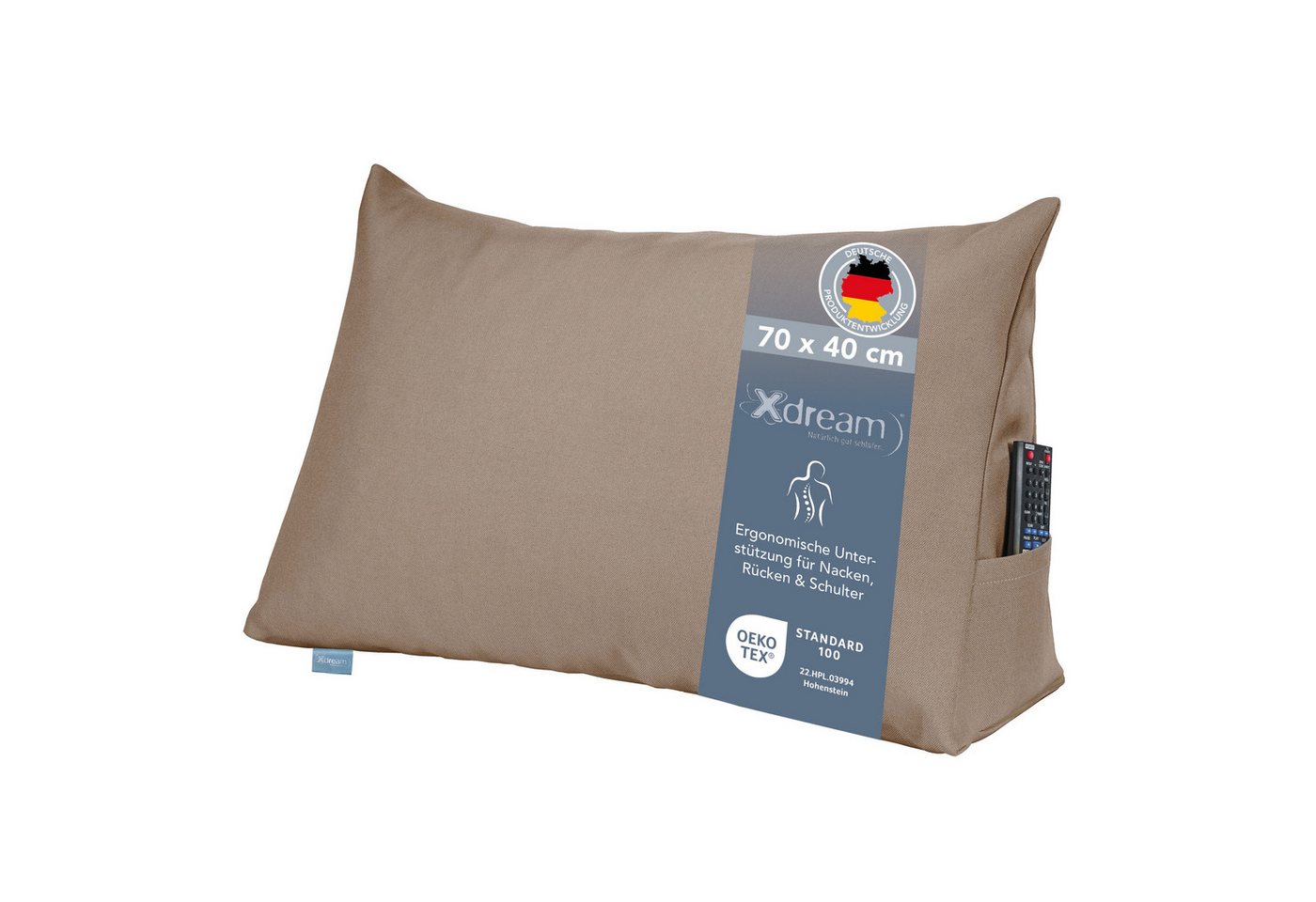 XDREAM Rückenkissen ergonomisches Keilkissen für Bett und Sofa, 1-tlg., als Kopfkissen oder Venenkissen verwendbar, mit praktischem Seitenfach