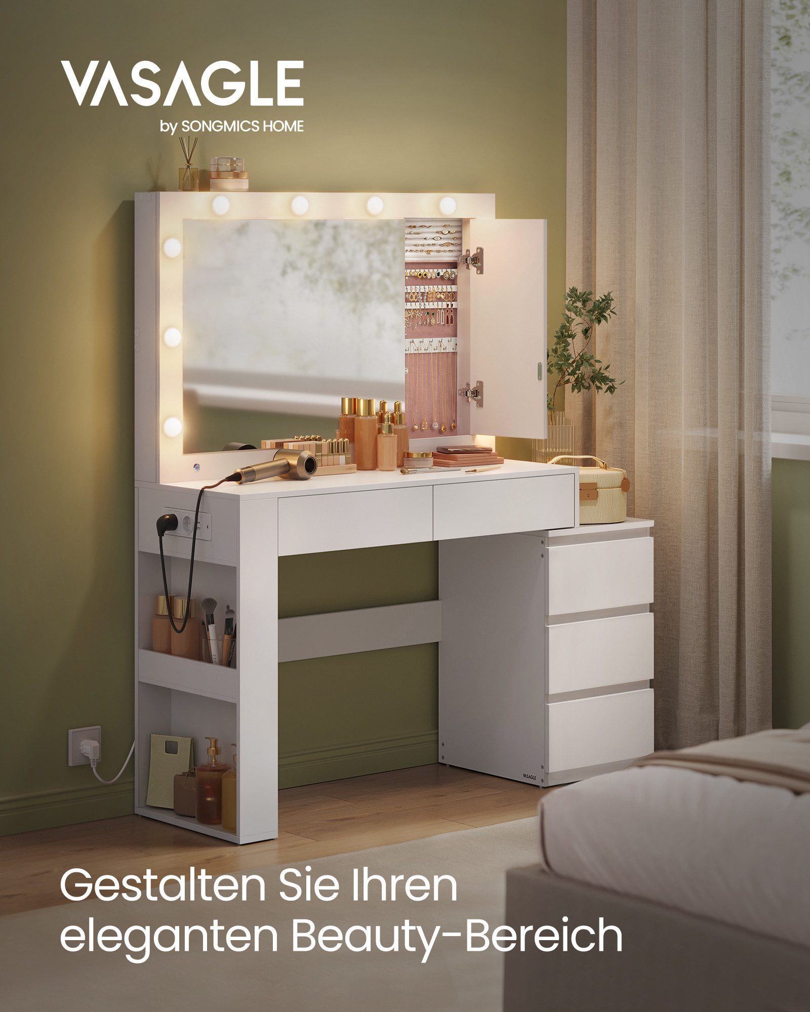 VASAGLE Schminktisch Frisiertisch mit Spiegel, Kosmetiktisch mit Schubladen (1 Tisch), mit Schmuckschrank, Steckdosenleiste, 40 x 125 x 140 cm – Bild 2 von 5