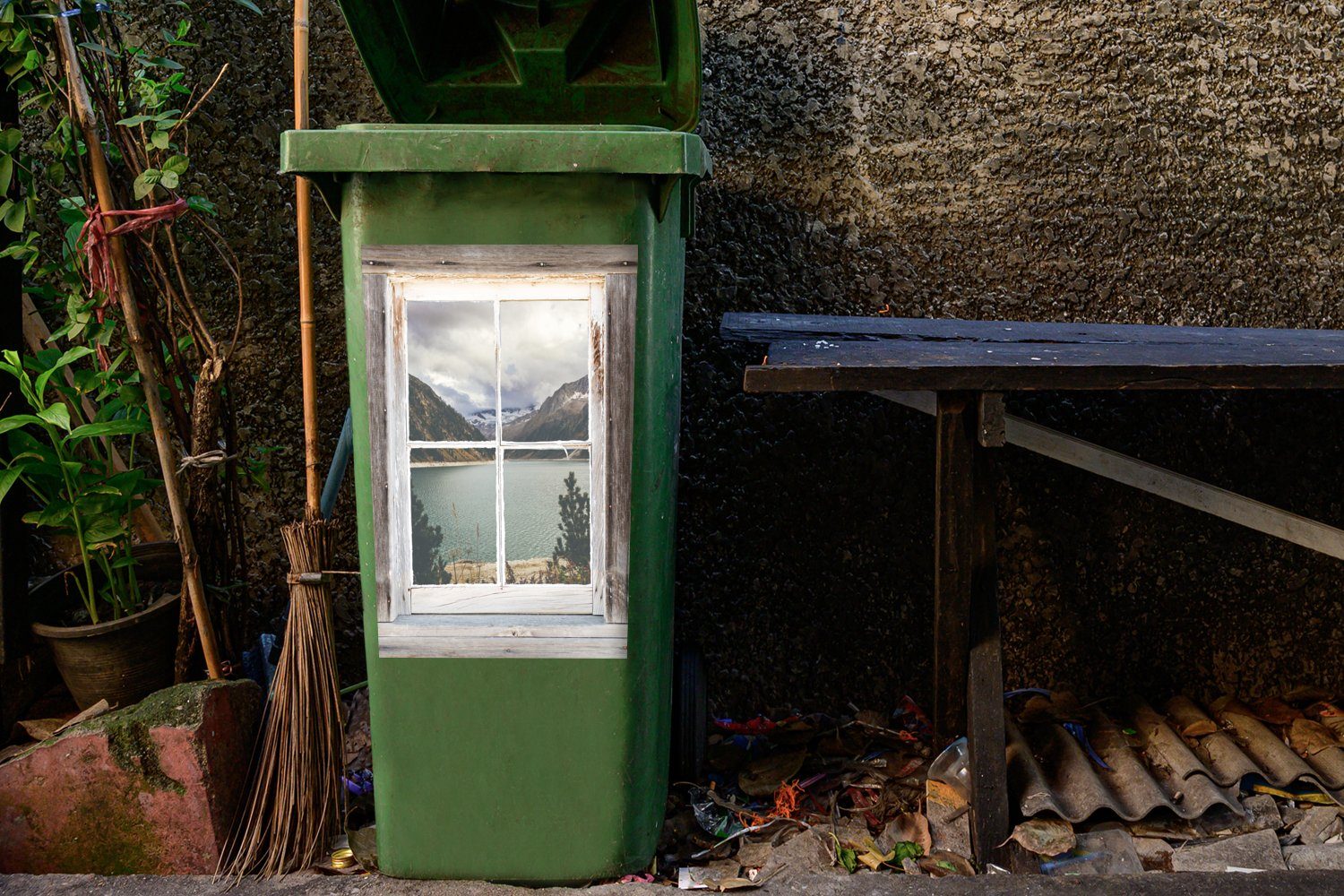 Holz MuchoWow Abfalbehälter Container, Durchschaubar - Mülleimer-aufkleber, (1 Sticker, Wandsticker St), Mülltonne, Berge -