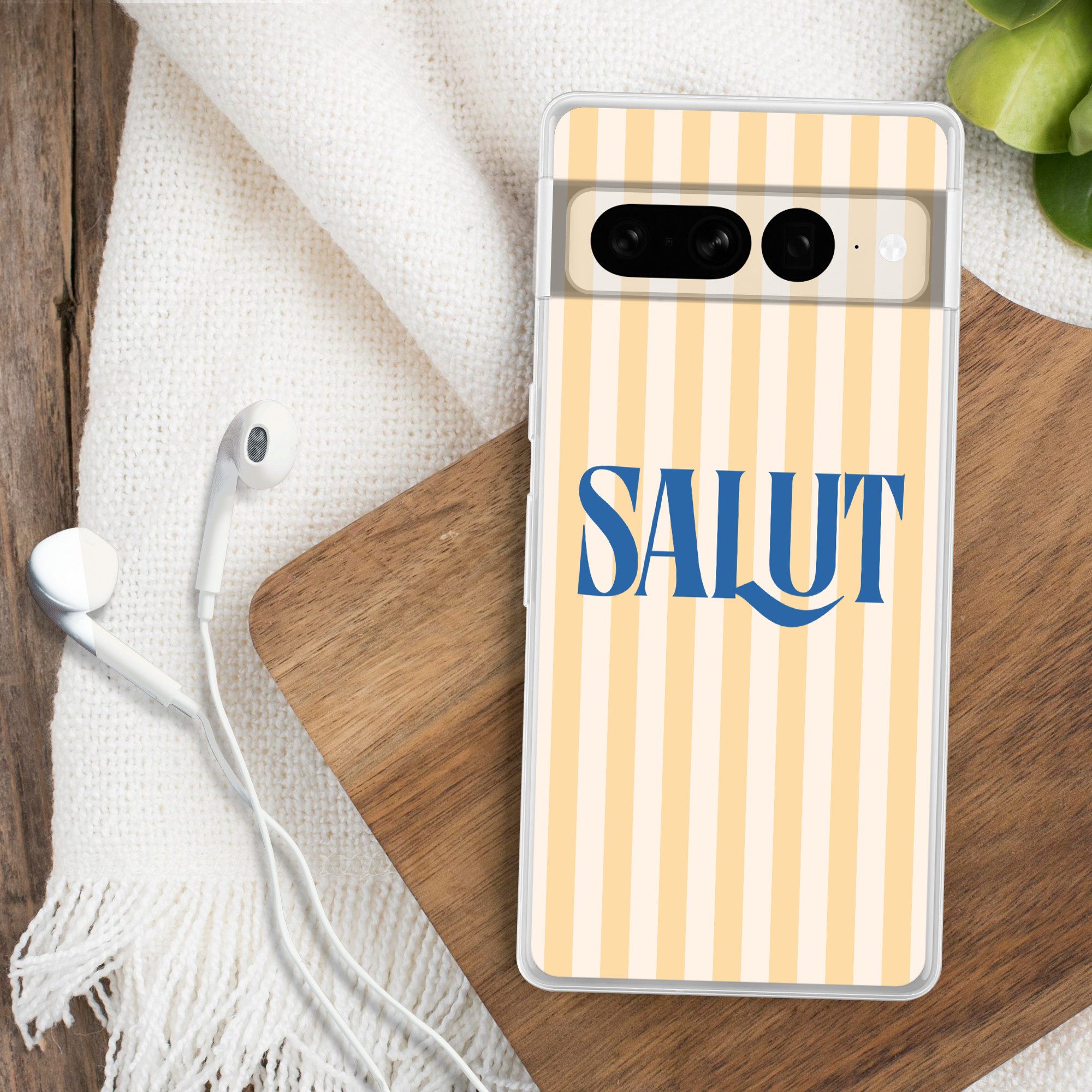 MuchoWow Handyhülle für Google Pixel 7 Pro Salut - Zitat - Streifen - Gelb - Blau - Weiß, Phone Case, Silikon, Schutzhülle Dünn