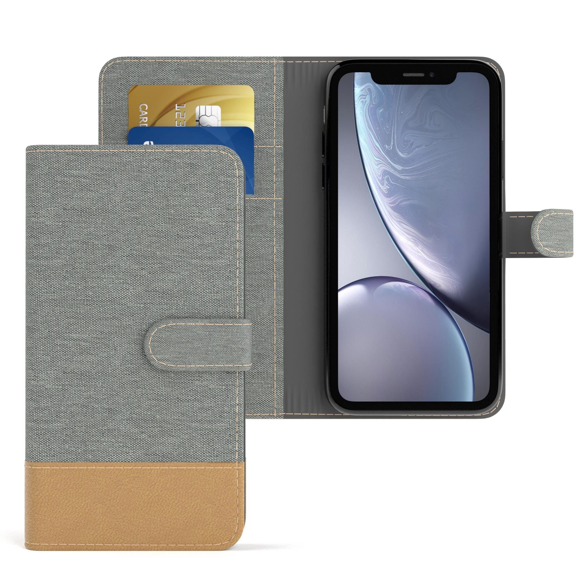 EAZY CASE Handyhülle Bookstyle Farbig für Apple iPhone XR 6,1 Zoll, Stoff Schutzhülle Kunstledercase mit Kartenfach Klappetui Hell Grau