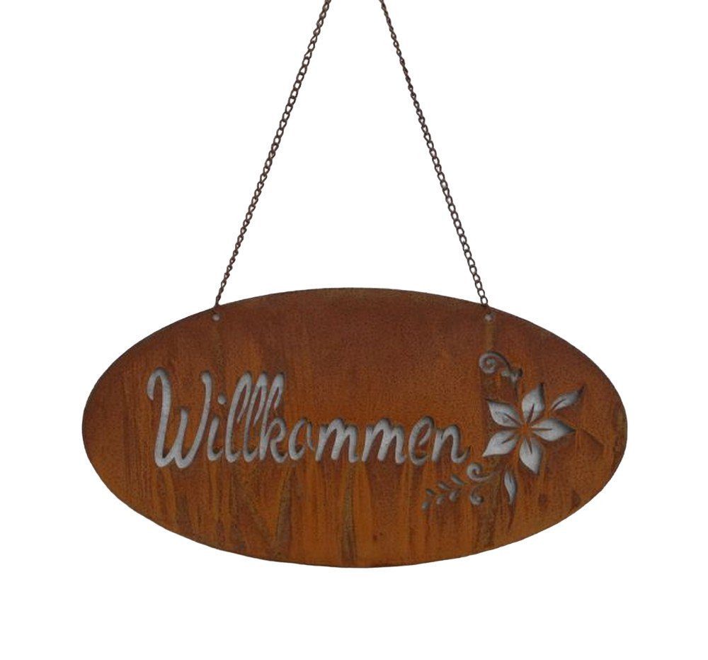 Metallschild Eisenschild Hängeschild Willkommen mit Blume 38 cm Echtrost. An Kette