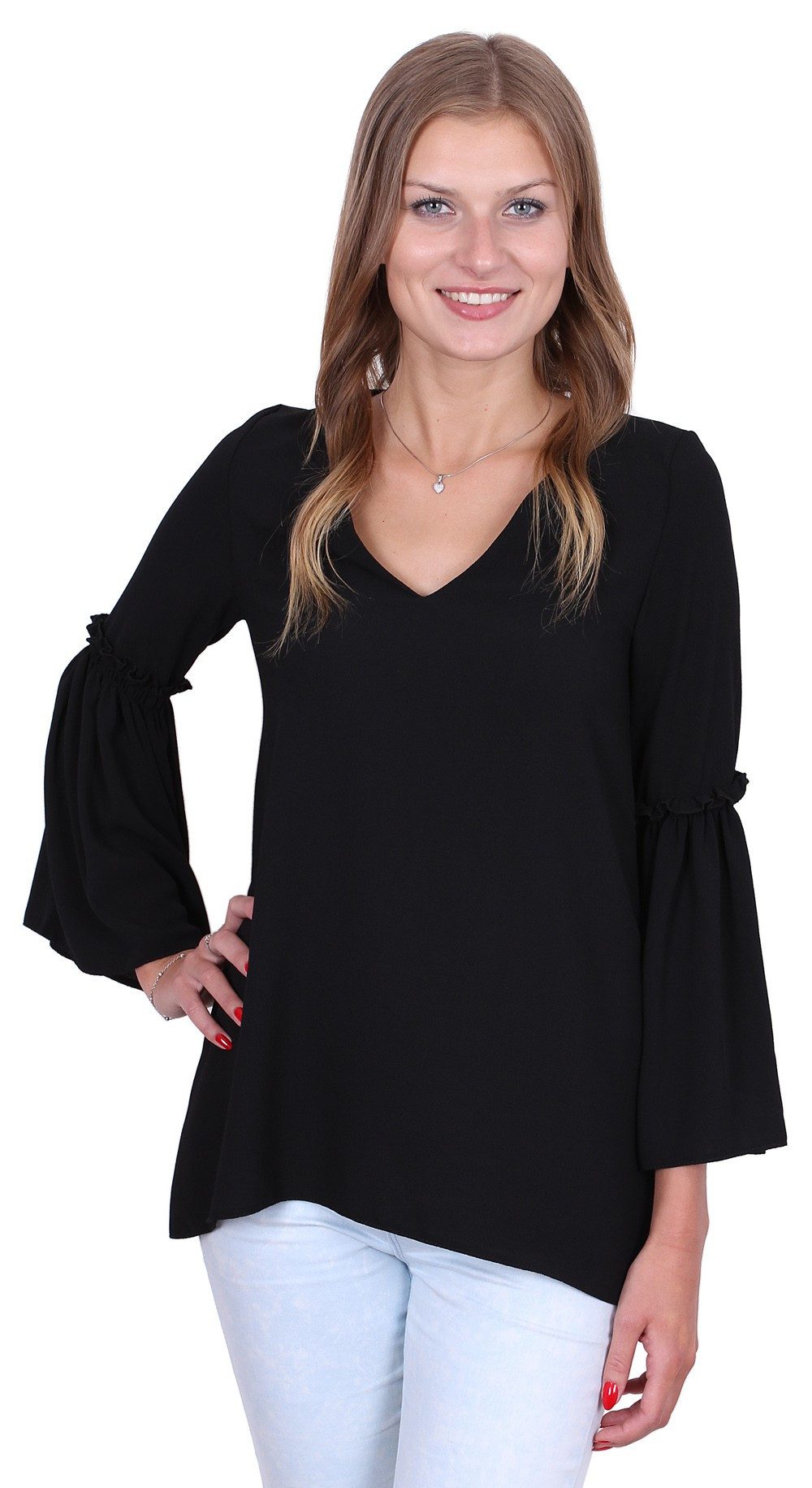 Blusentop John Zack elegante schwarze Bluse Schlagärmel M