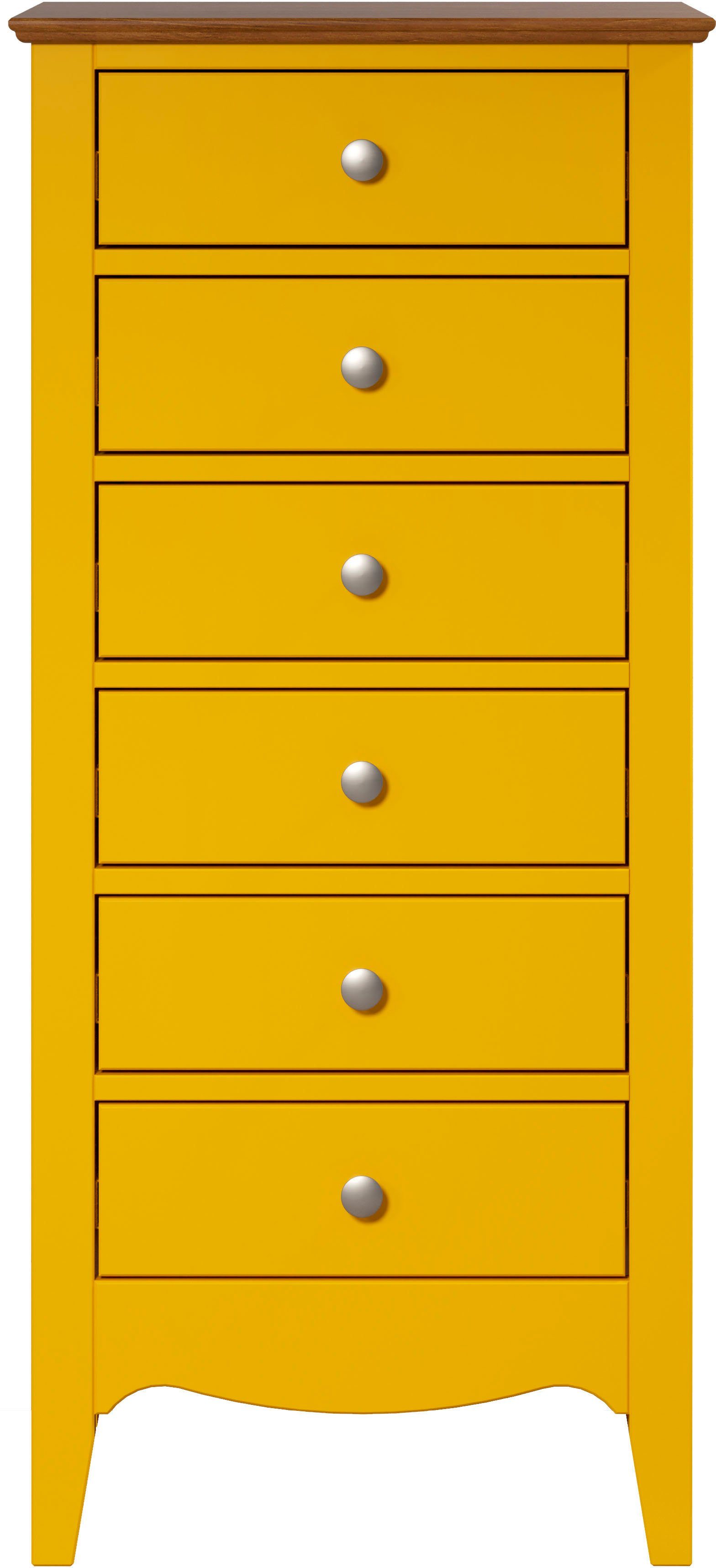 gelb | 6 cm B/H/T: 50/110/42 Kiefer teilmassiv, Lissabon, Gelb Kommode Schubkästen, INTER-FURN Metallgriffe, lackiert
