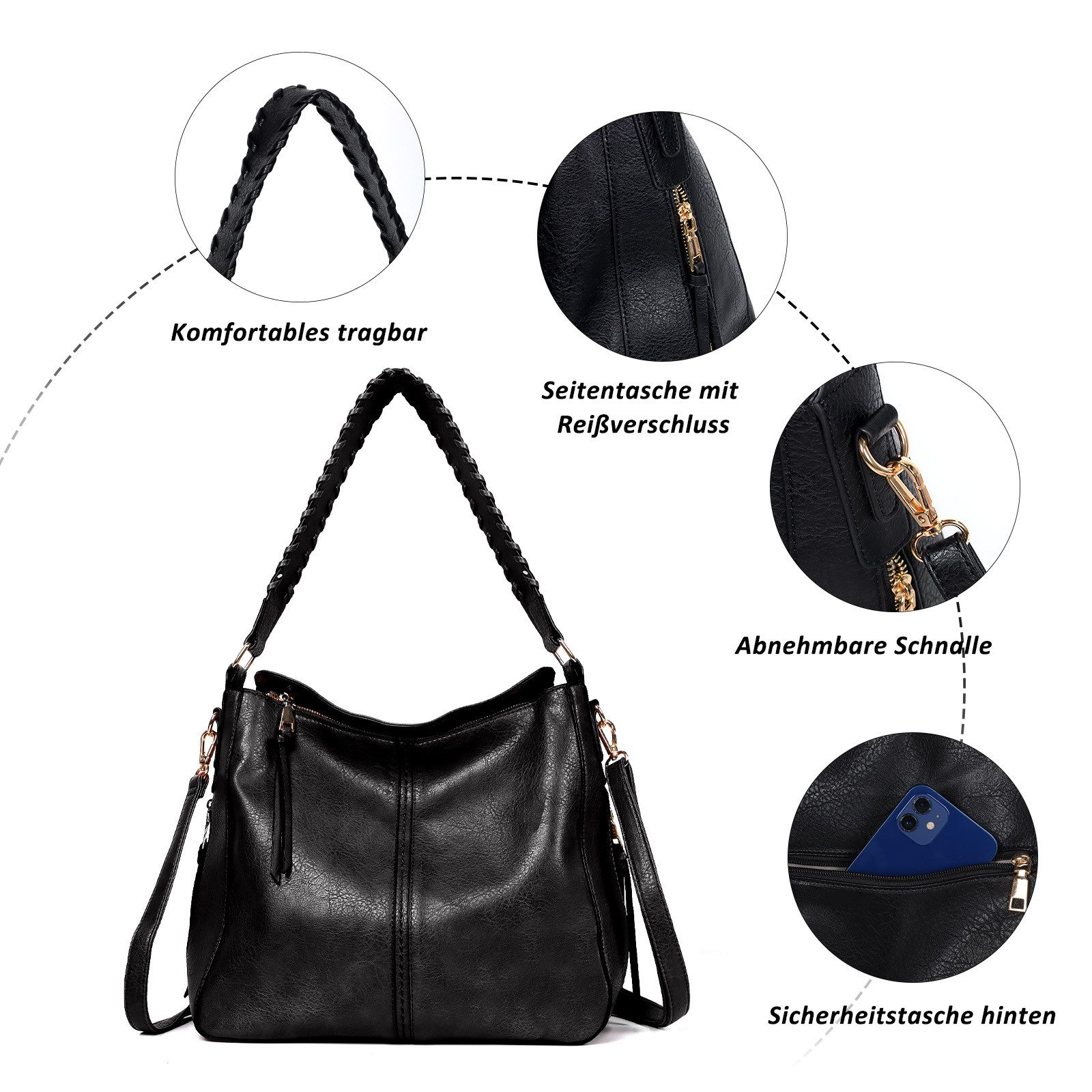 TAN.TOMI Schultertasche Handtasche Damen Shopper Lederimitat Umhängetasche Groß Schultertasche, Vintage Weiches Umhängetasche Hobo Taschen Schultertasche für Fr – Bild 4 von 5