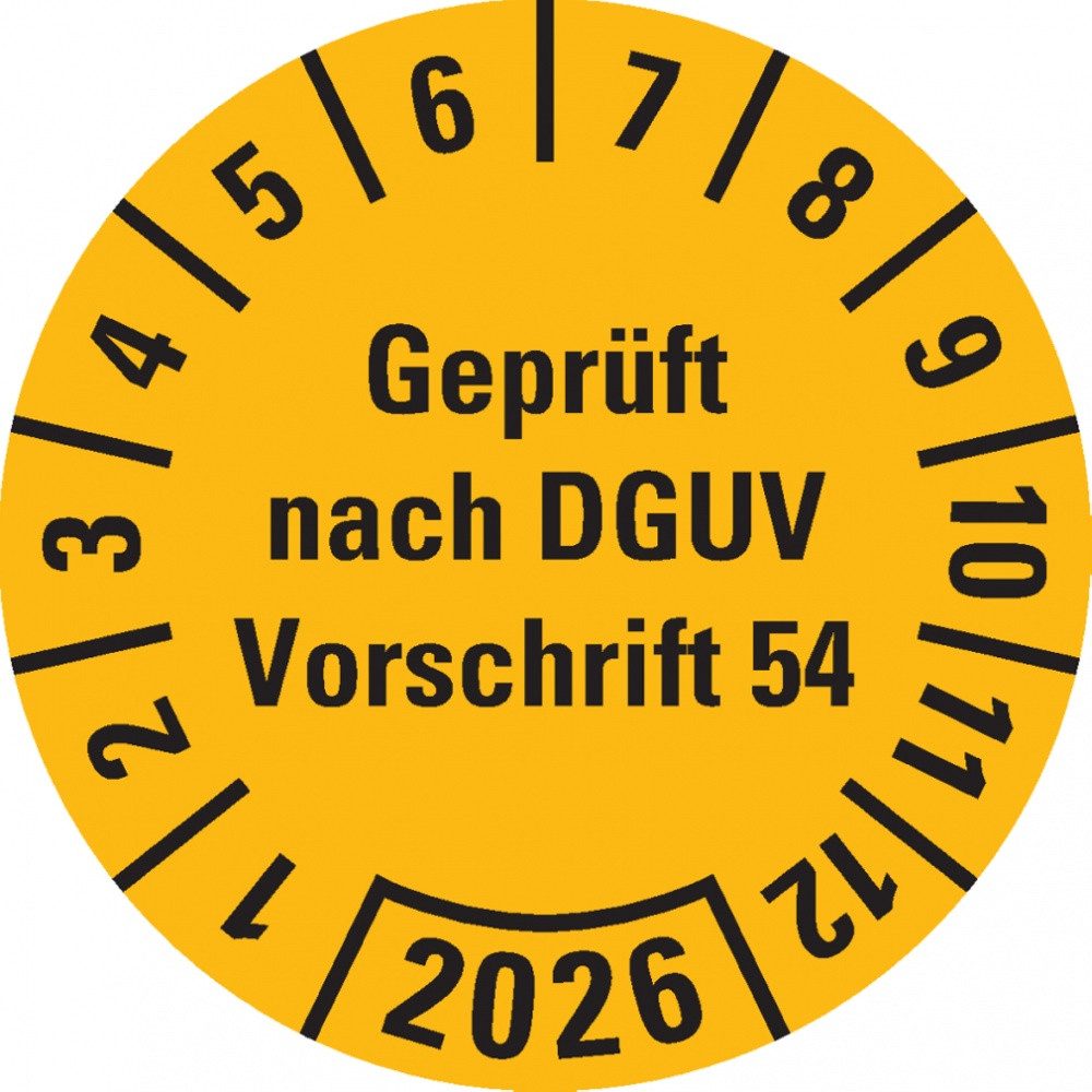 Hinweisschild Prüfplakette Geprüft nach DGUV 54, 2026, gelb, Dokumentenfolie, Ø 30mm