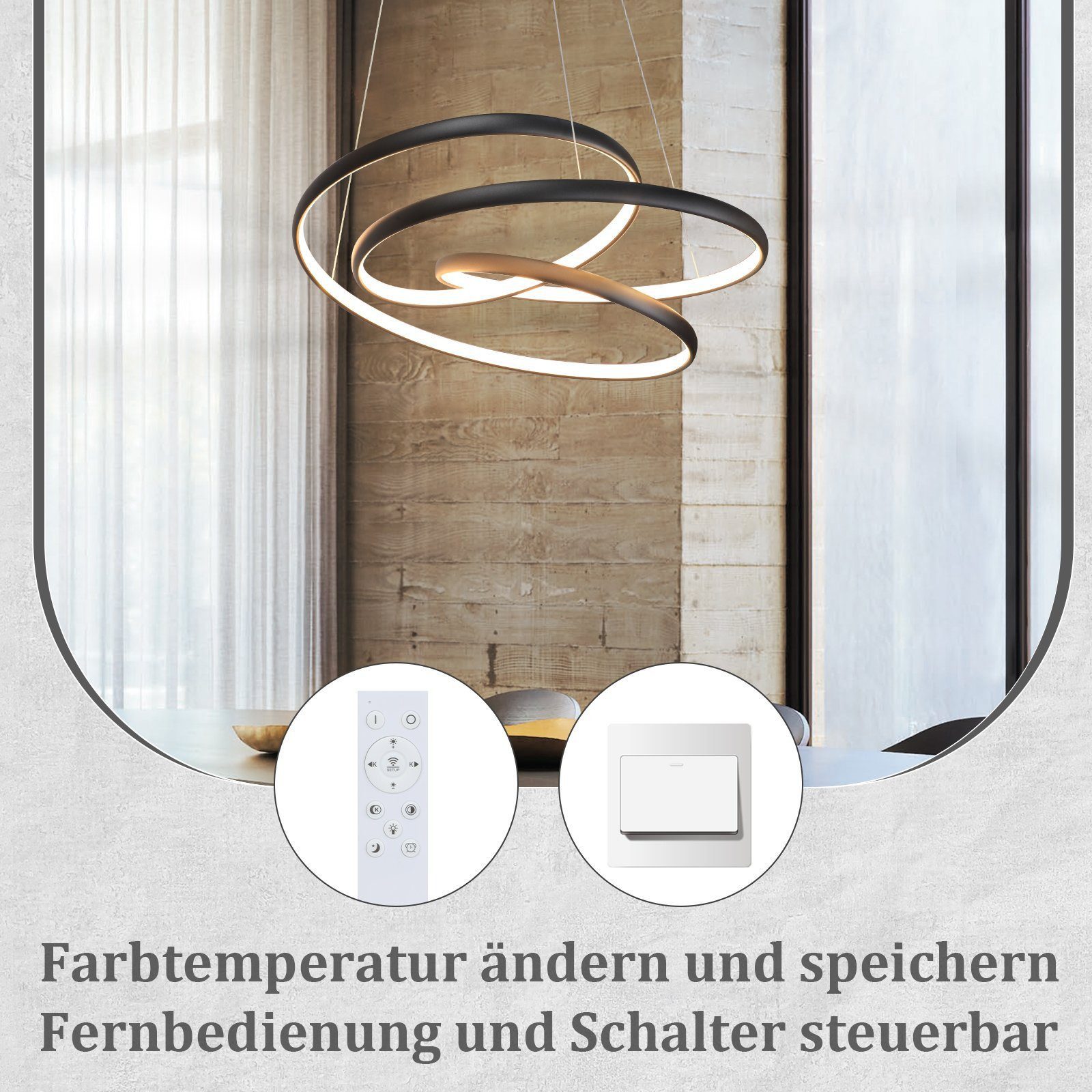 Nettlife LED Pendelleuchte Schwarz Hängelampe Esstisch mit Fernbedienung, Dimmbar mit Fernbedienung, LED fest integriert, Warmweiß, Kaltweiß, Neutralweiß, Wohnz – Bild 5 von 5