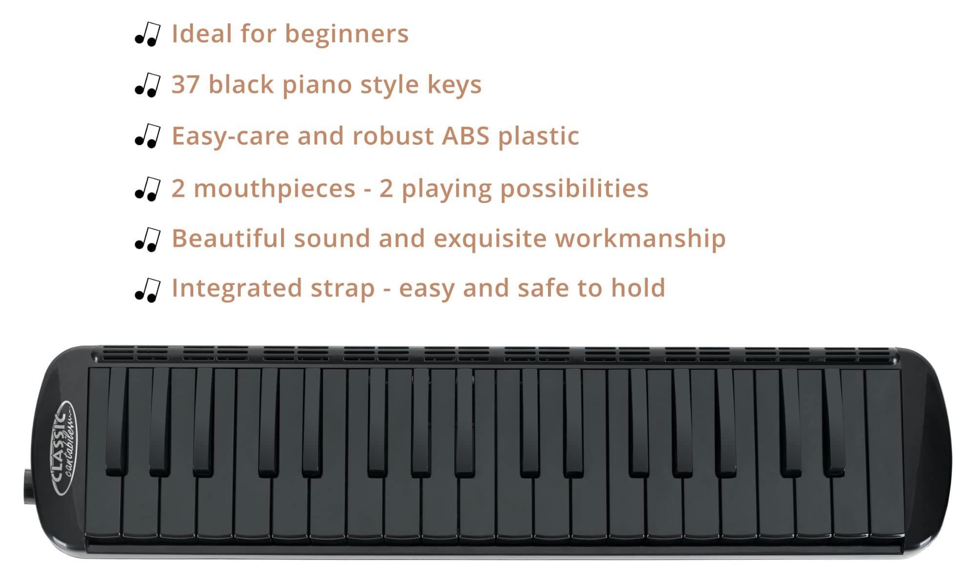 Classic Cantabile Melodica Blasharmonika mit schwarzen 37 Tasten - Melodica Instrument f - f³, Anfänger-Set, 4-St., Mit Etui, Mundstück und Anblasschlauch, Zertifiziert nach EN 71: BPA-frei