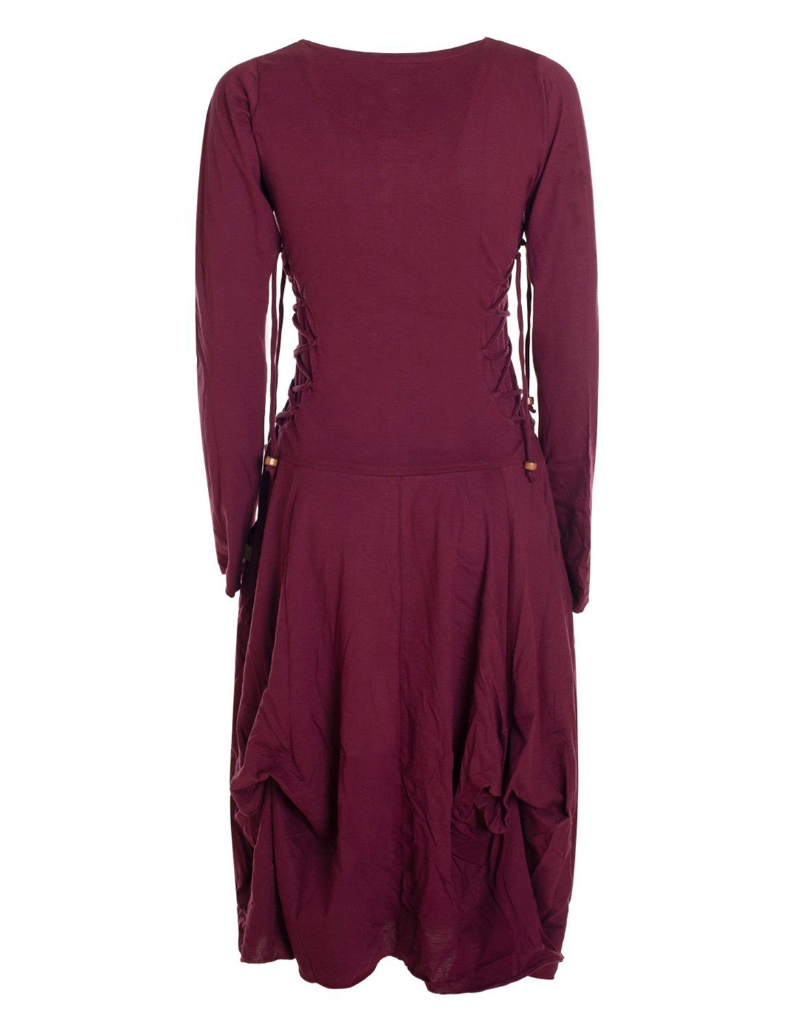 Vishes Midikleid Langes Langarm Bio Ballonkleid einfarbig mit Schnürung V-Ausschnitt Hippie, Elfen, Festag, Style