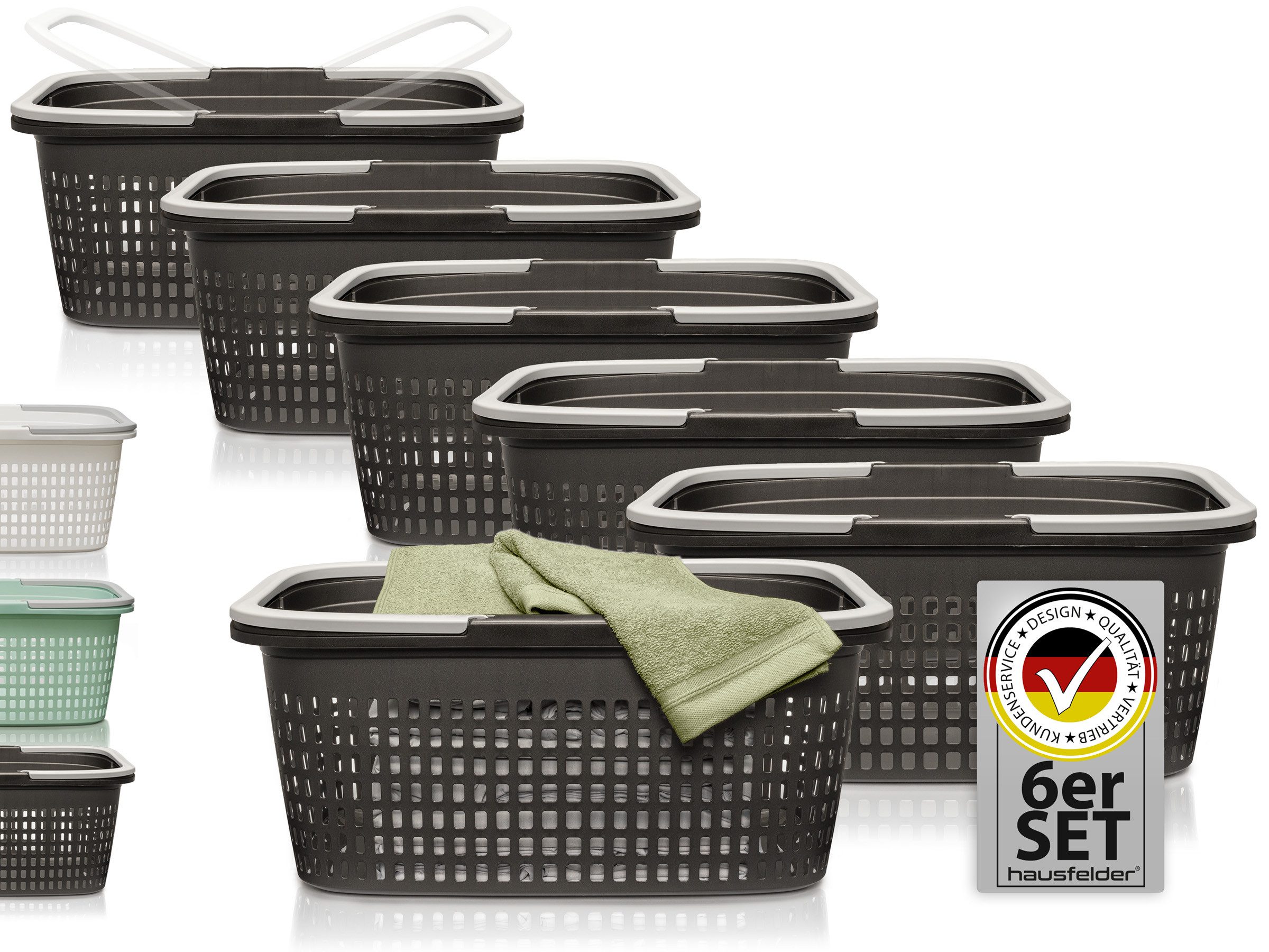 Hausfelder Wäschekorb Wäschewanne 58x37x25cm (Anthrazit-Schwarz, 6 Körbe 35 l) (Set, 6 St., 6 x Wäschekorb), mit klappbaren Henkeln, mit Griffen, 35 Liter