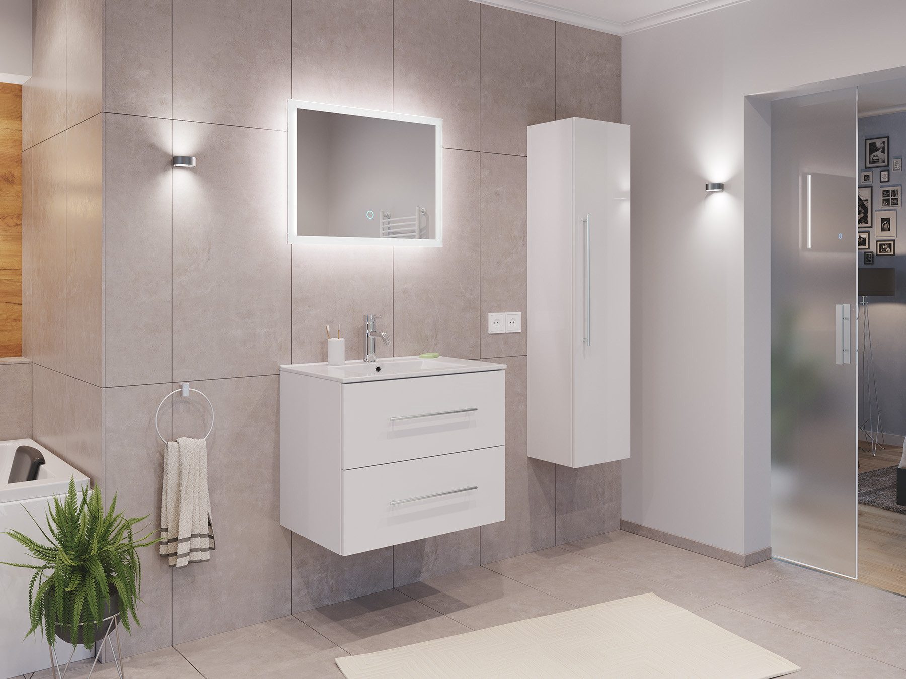 Magnolia Home Waschtisch Badmöbel Set Firenze 70 3tlg. LED Spiegel und Hochschrank weiß hochgla