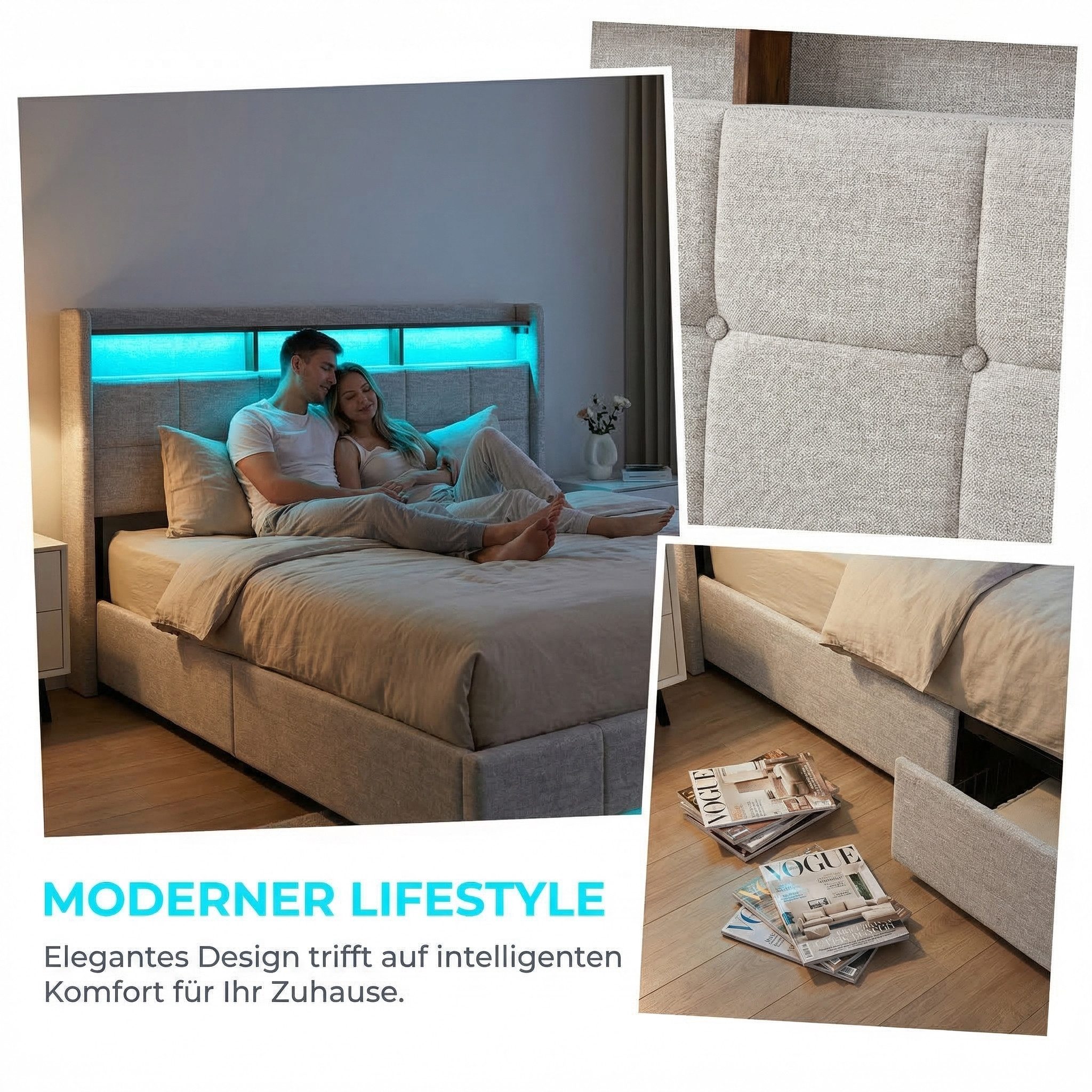 Furnishings Home Polsterbett Stauraumbett Doppelbett Jugendbett (4 Schubladen), Mit LED-Beleuchtung, 2 USB & TYPE-C Anschlüsse, Leinen, 140x200 cm