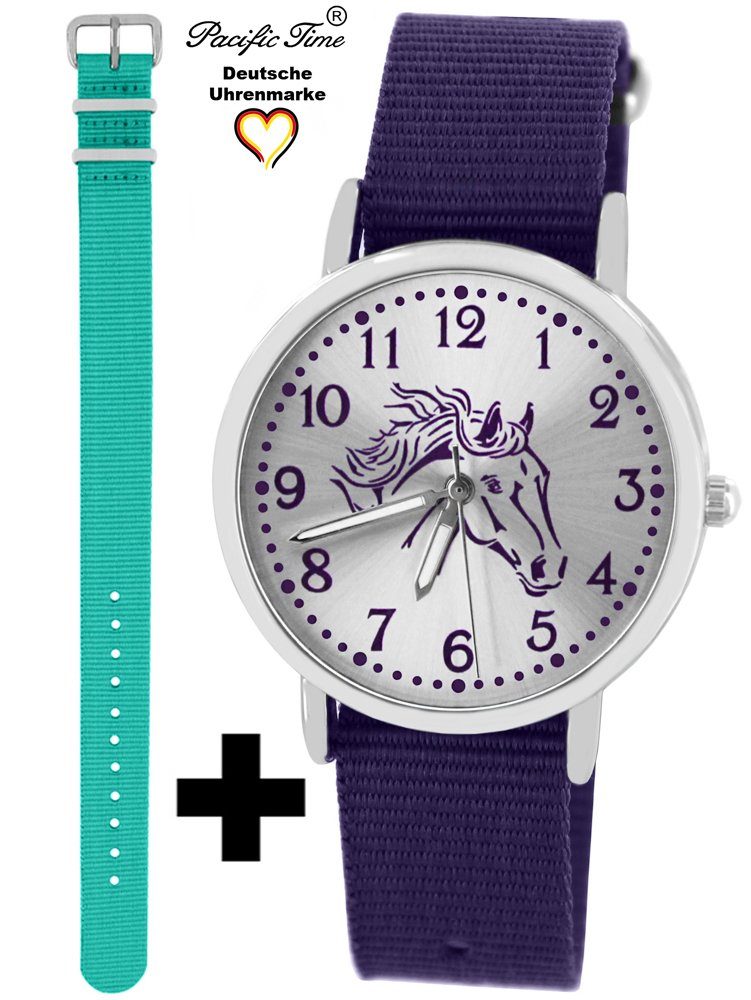Pacific Time Quarzuhr Set Kinder Armbanduhr Pferd violett Wechselarmband, Mix und Match Design - Gratis Versand türkis und violett