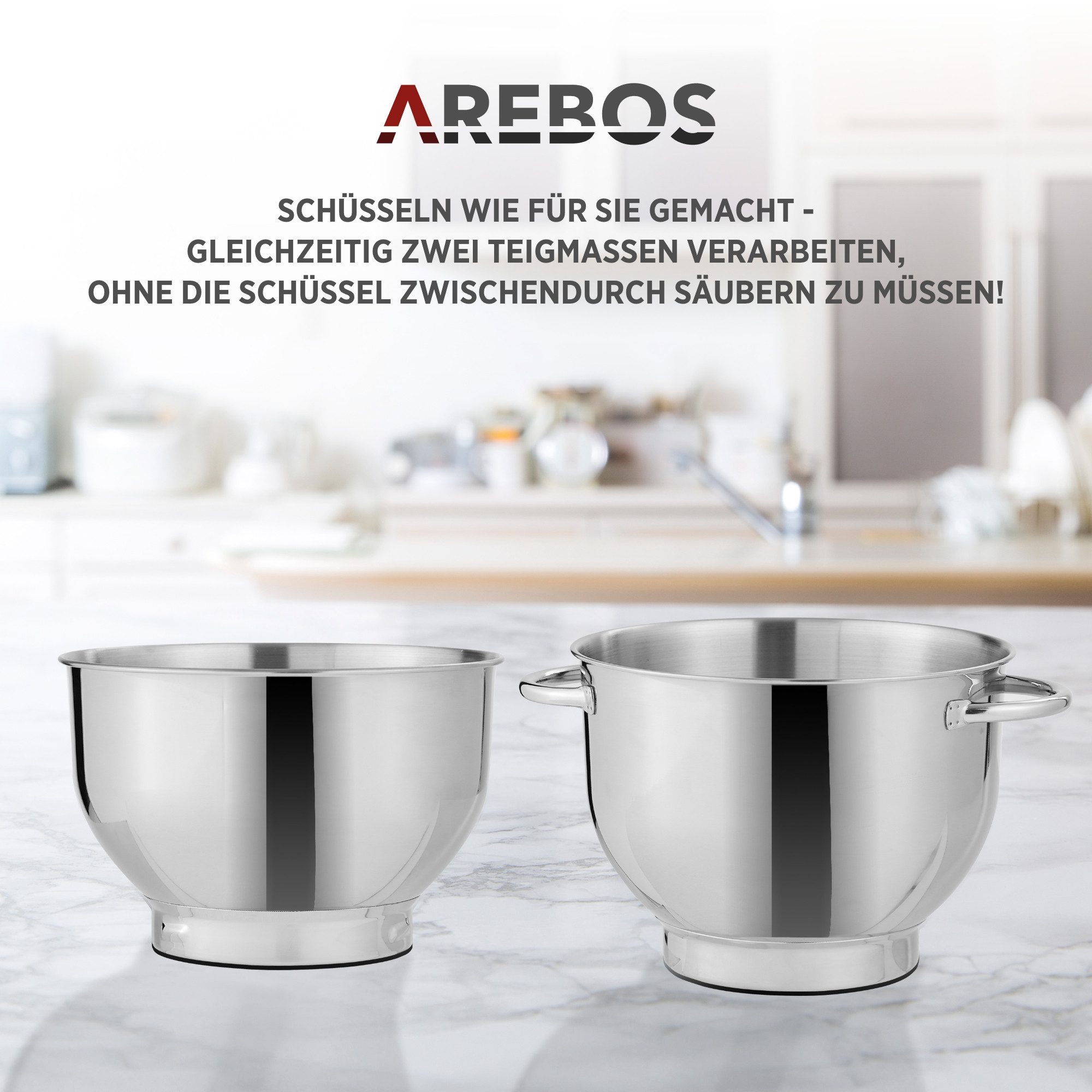 Arebos Küchenmaschine mit 2x Edelstahl-Rührschüsseln 4,5 & 5,5L, 1500 W, 5,50 l Schüssel, Küchenmixer mit Rührhaken, Knethaken, Schlagbesen und Spritzschutz – Bild 5 von 5