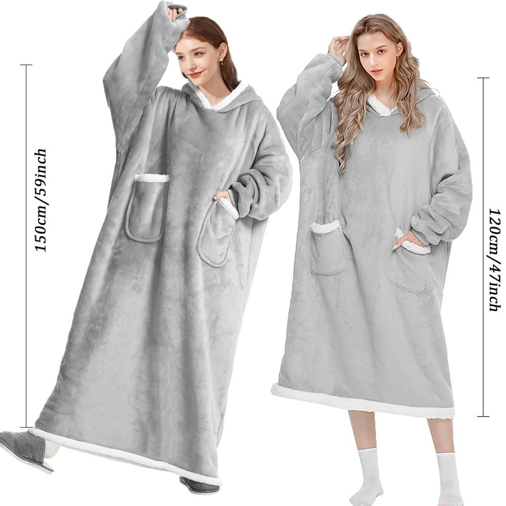 Wohndecke Extra Lange Kuscheldecke, Decke mit Ärmeln und Kapuze Wearable Decke, TUWENA, 120/150cm Tragbare Deckenhoodie Unisex Flanell Fleece Oversized Decke