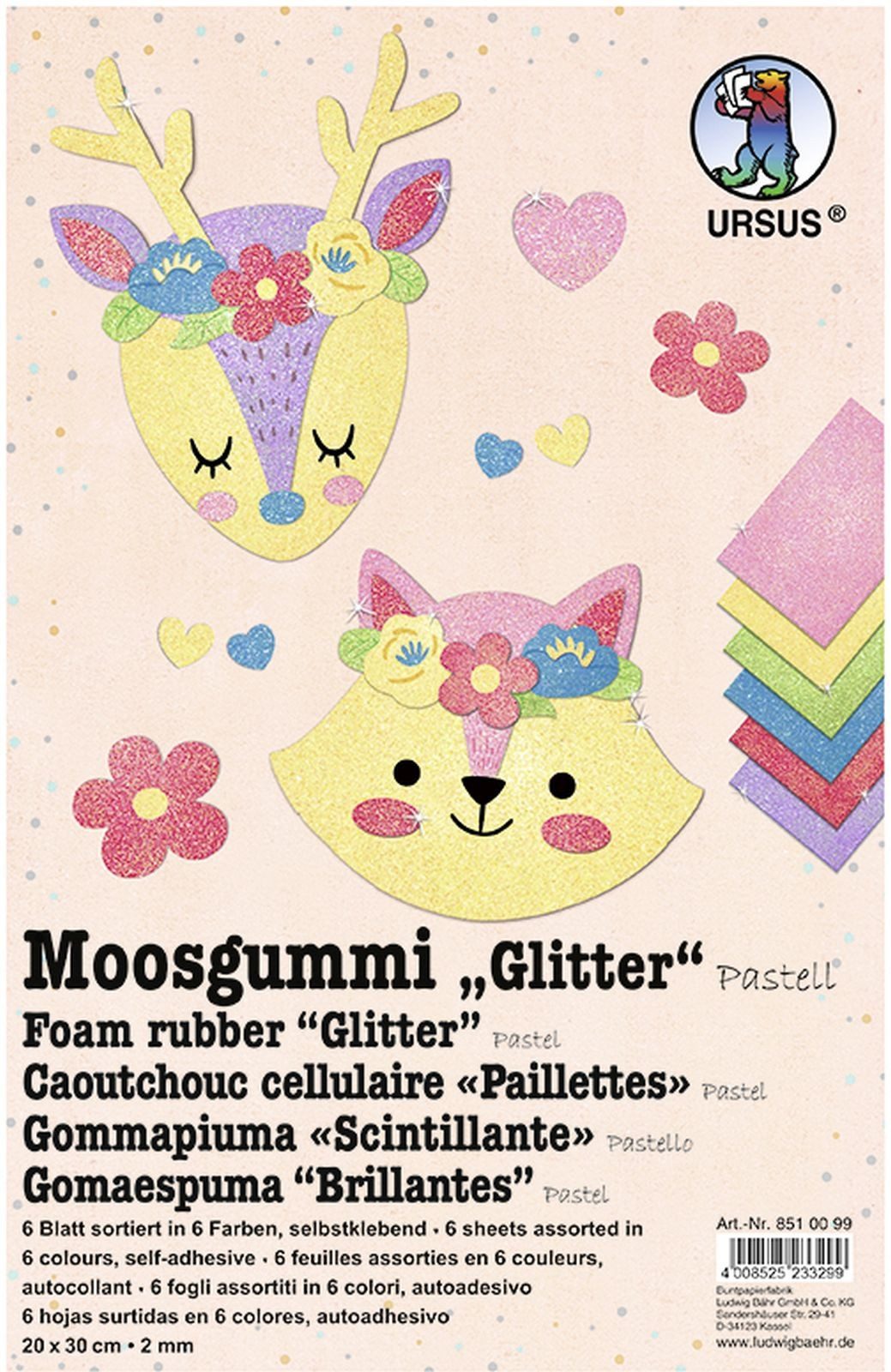 Ursus - Ludwig Bähr Bastelfilz Moosgummi 2mm 20x30cm VE=6 Blatt 6 Farben Glitter Pastell